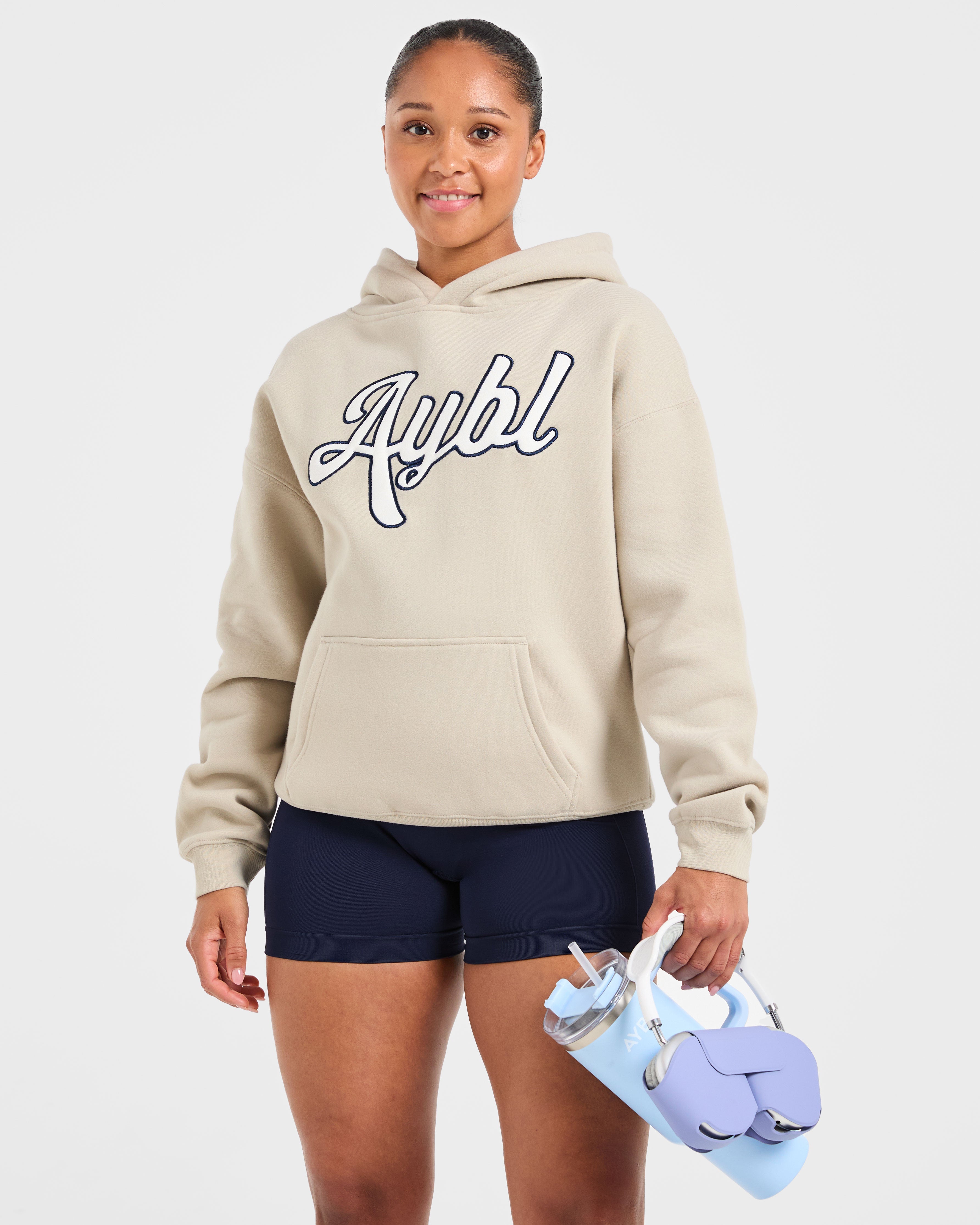 Script Embroidered Oversized Hoodie - Zand/Navy
