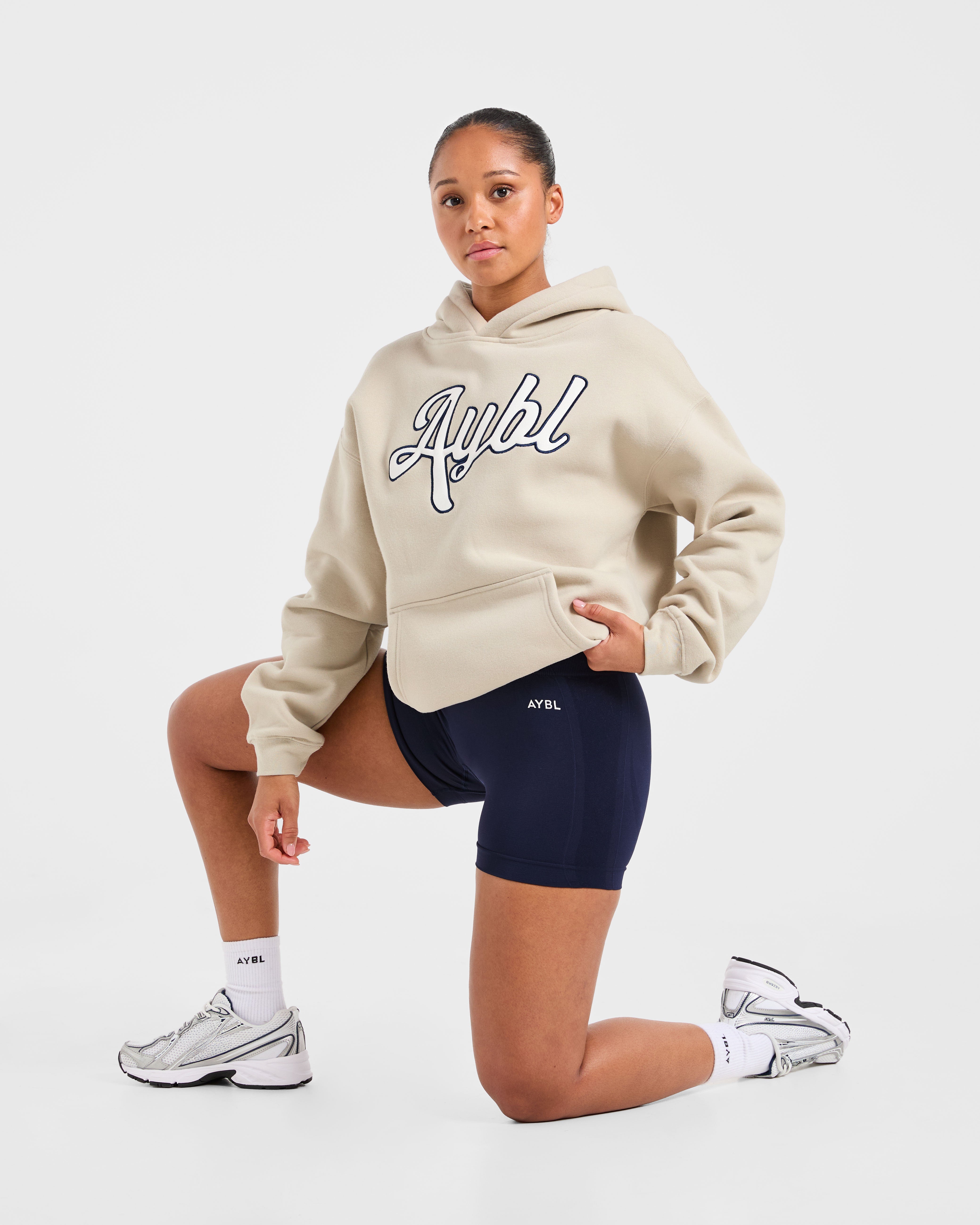 Script Embroidered Oversized Hoodie - Zand/Navy