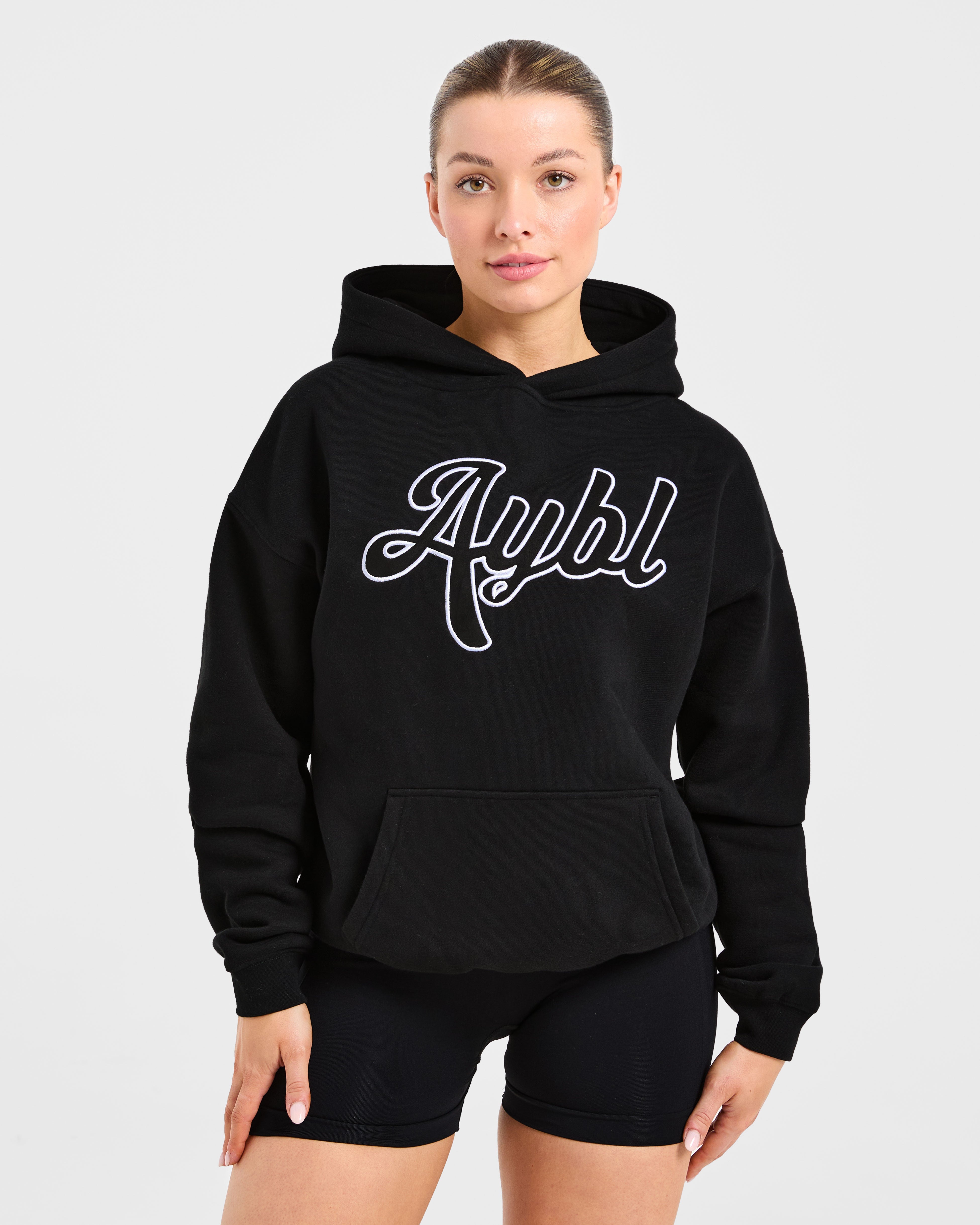 Script Embroidered Oversized Hoodie - Zwart