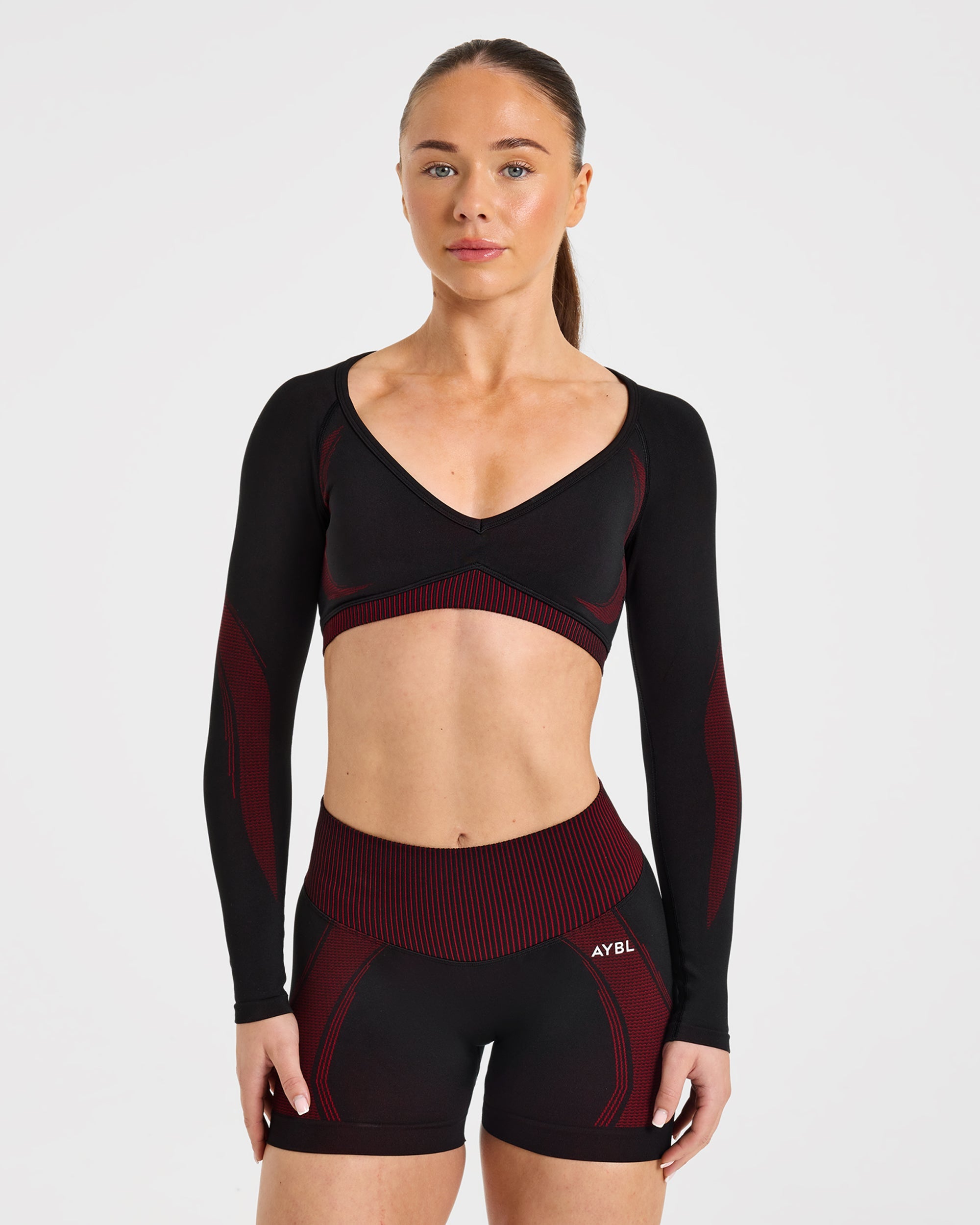 Charge Seamless Long Sleeve Crop Top - Zwart/Rood