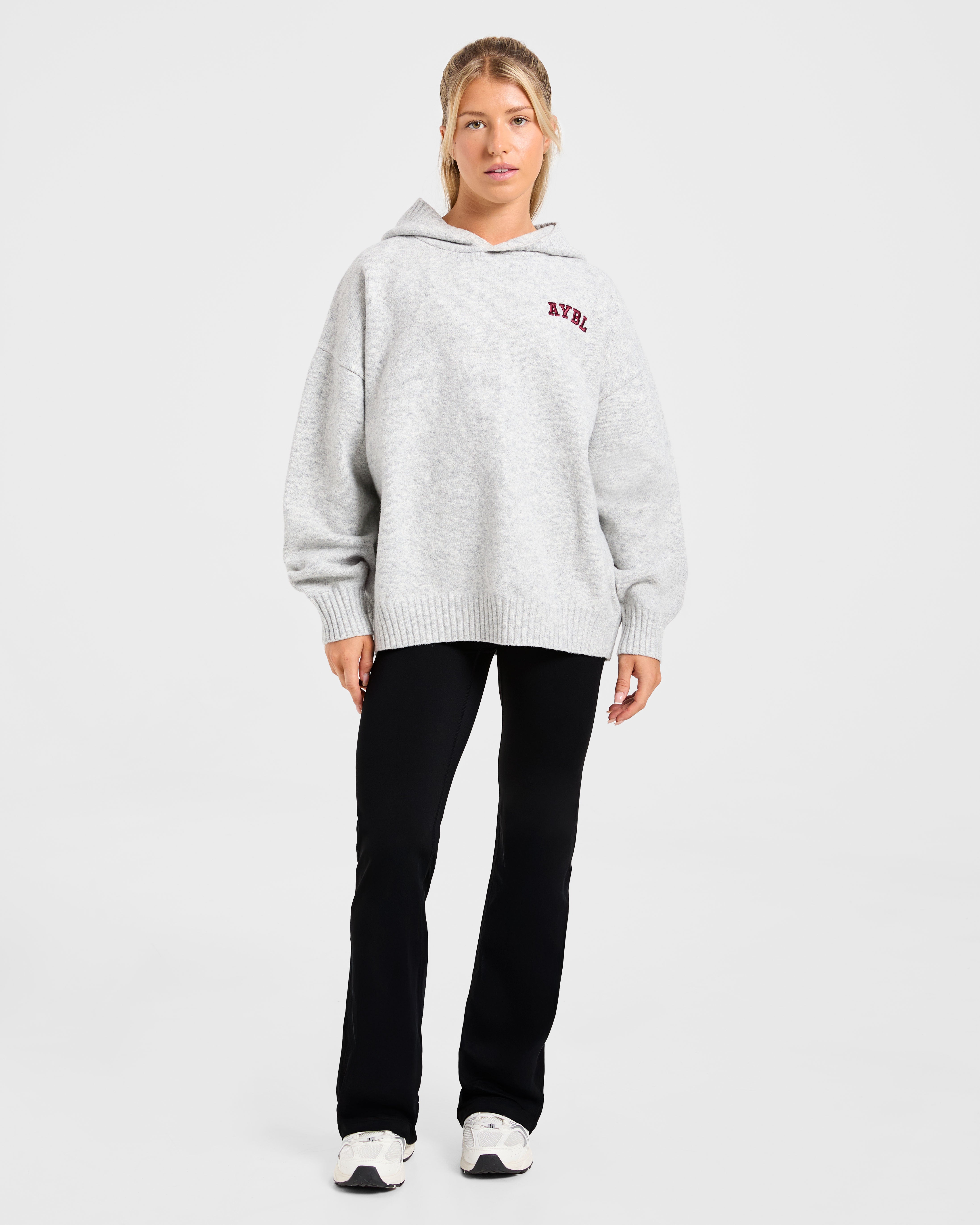 Varsity Minimal Logo Oversized Knitted Hoodie - Grijs Marl/Burgundy