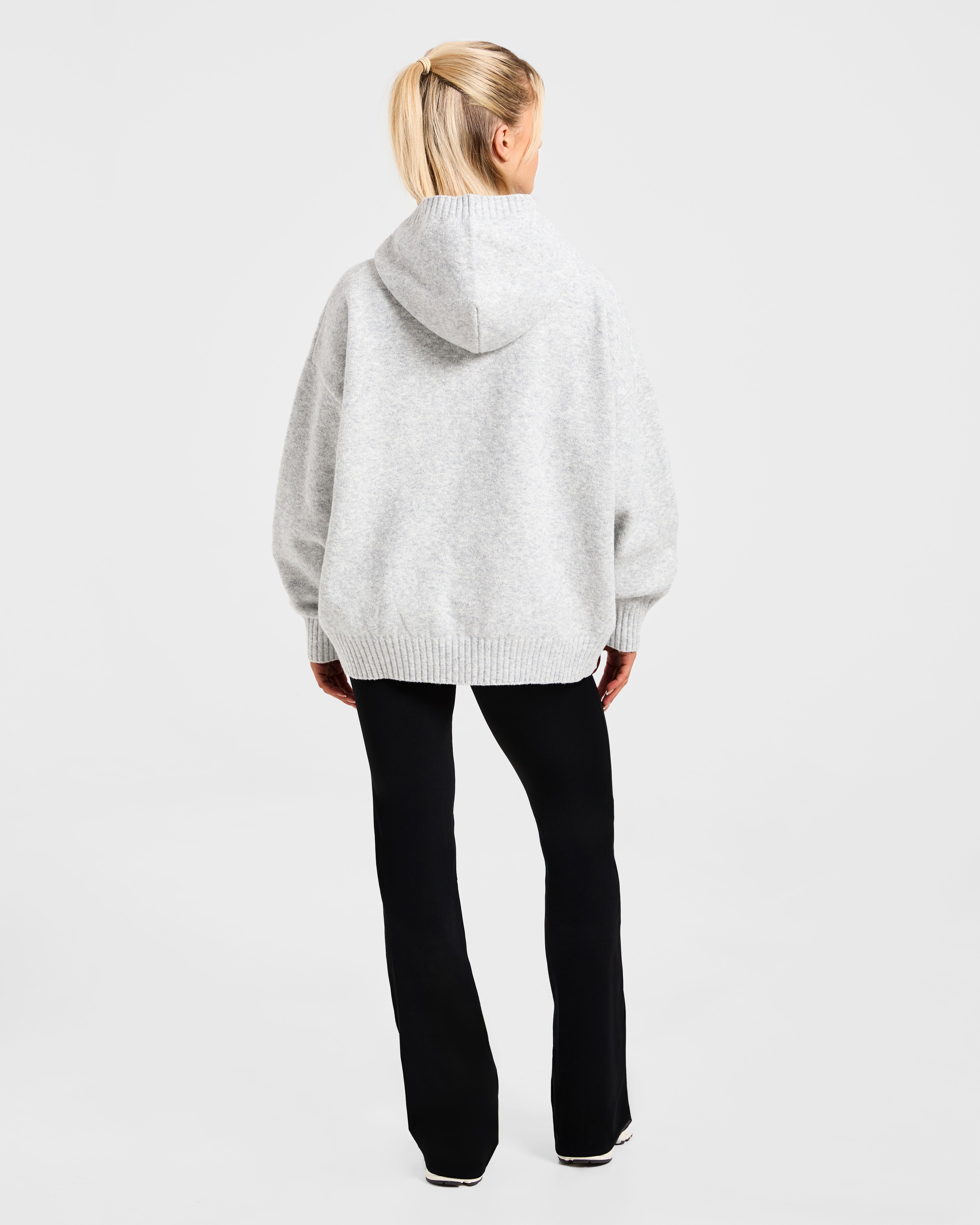 Varsity Minimal Logo Oversized Knitted Hoodie - Grijs Marl/Burgundy