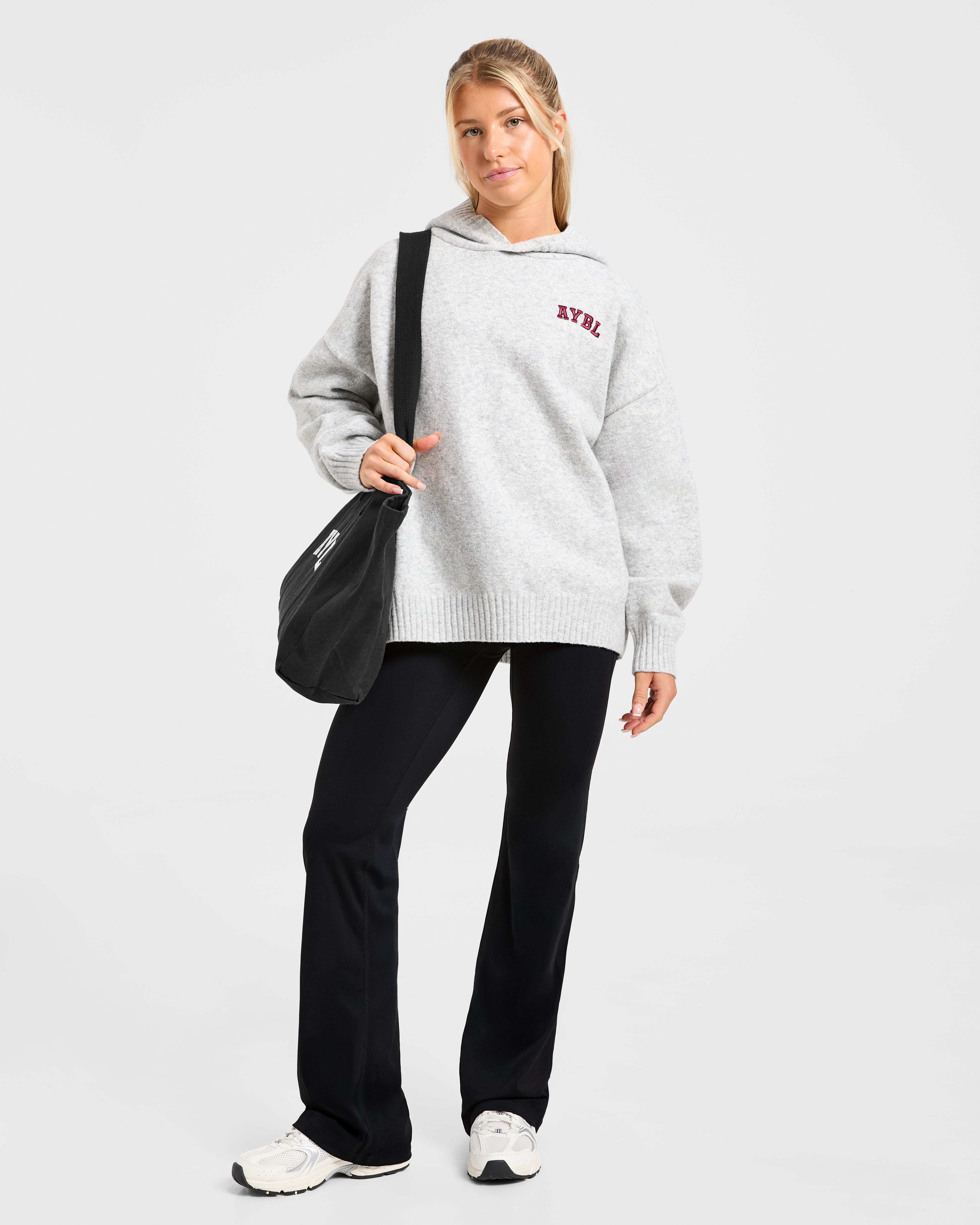 Varsity Minimal Logo Oversized Knitted Hoodie - Grijs Marl/Burgundy