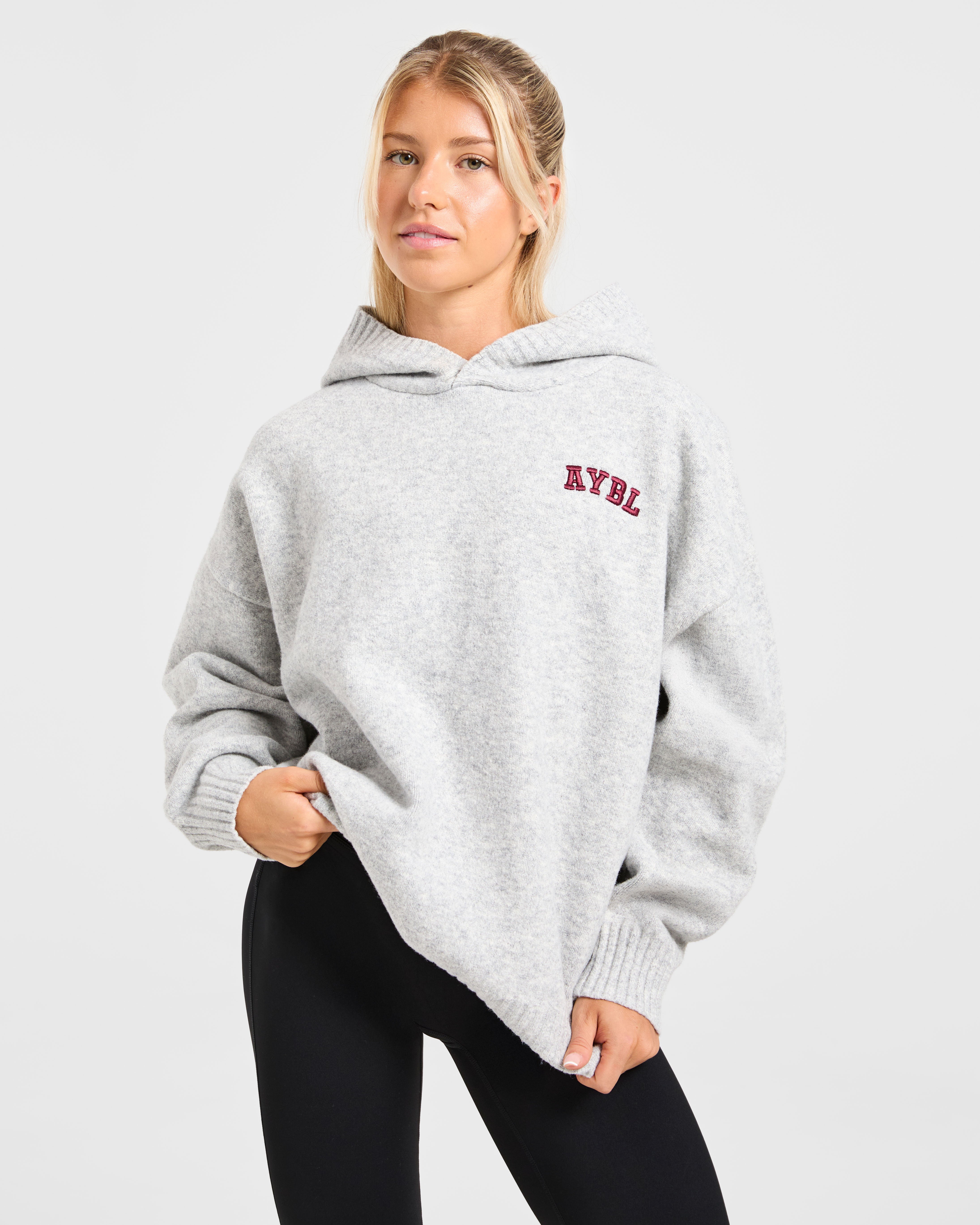Varsity Minimal Logo Oversized Knitted Hoodie - Grijs Marl/Burgundy