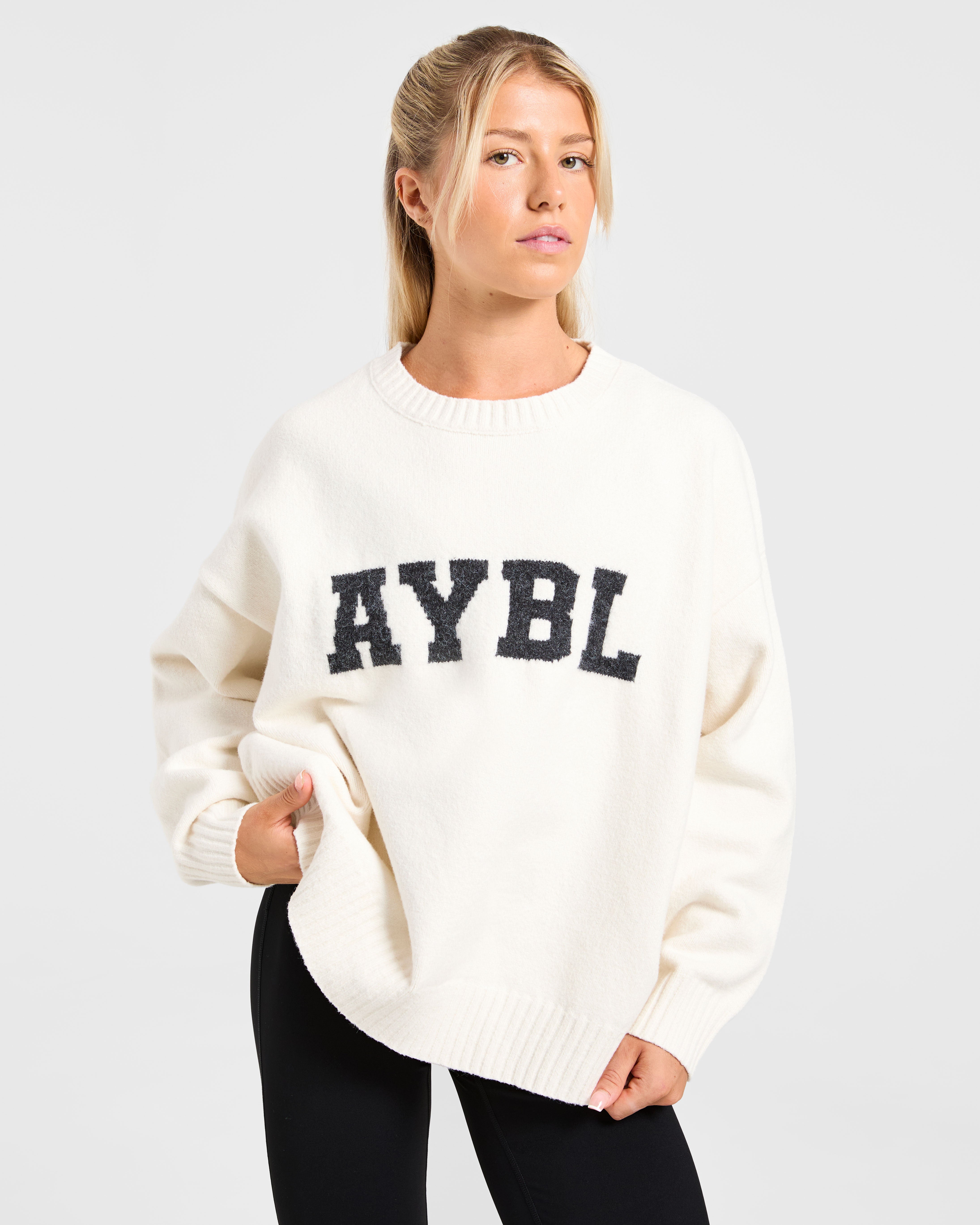 Varsity Oversized Knitted Sweater - Off Wit