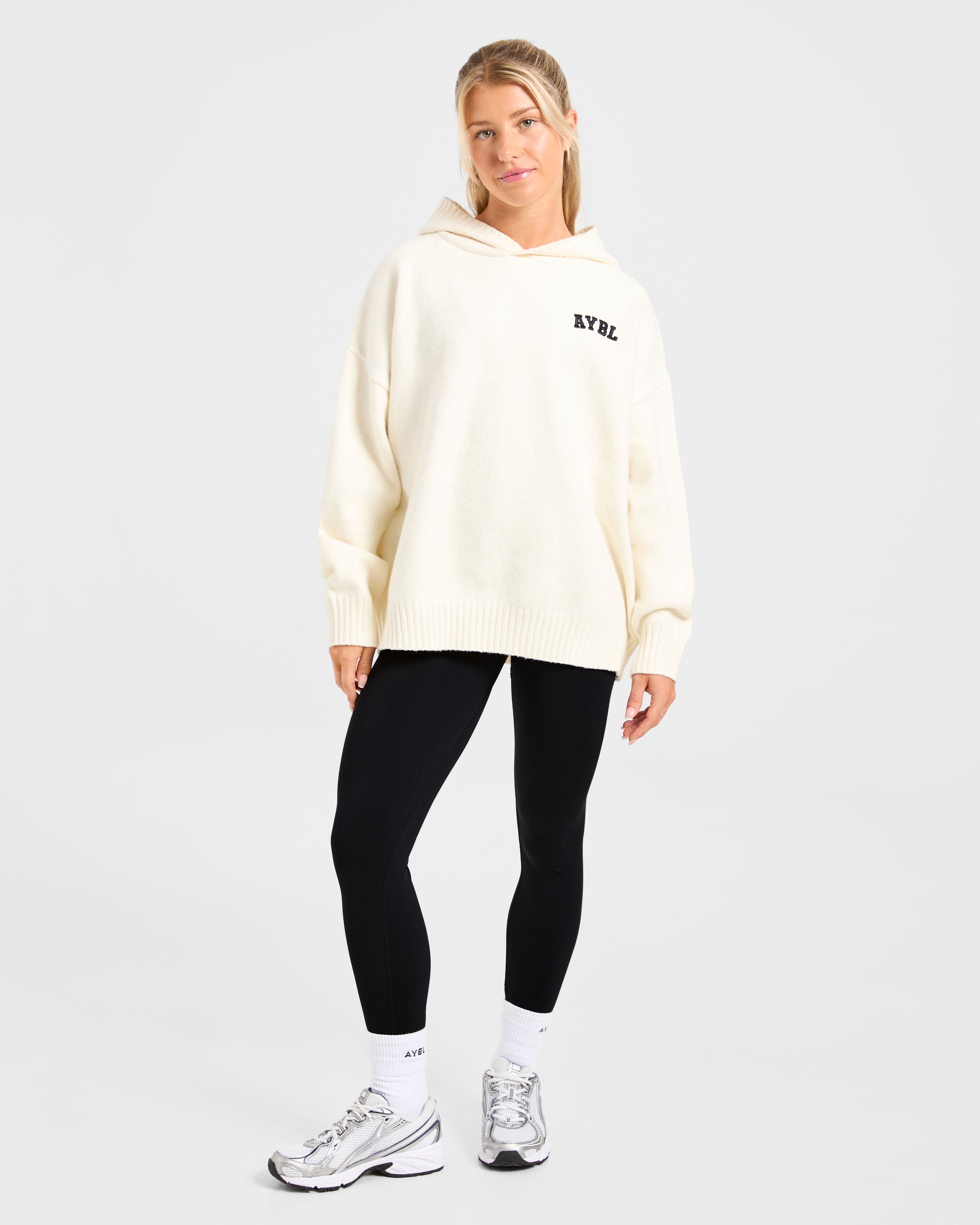 Varsity Minimal Logo Oversized Knitted Hoodie - Crème