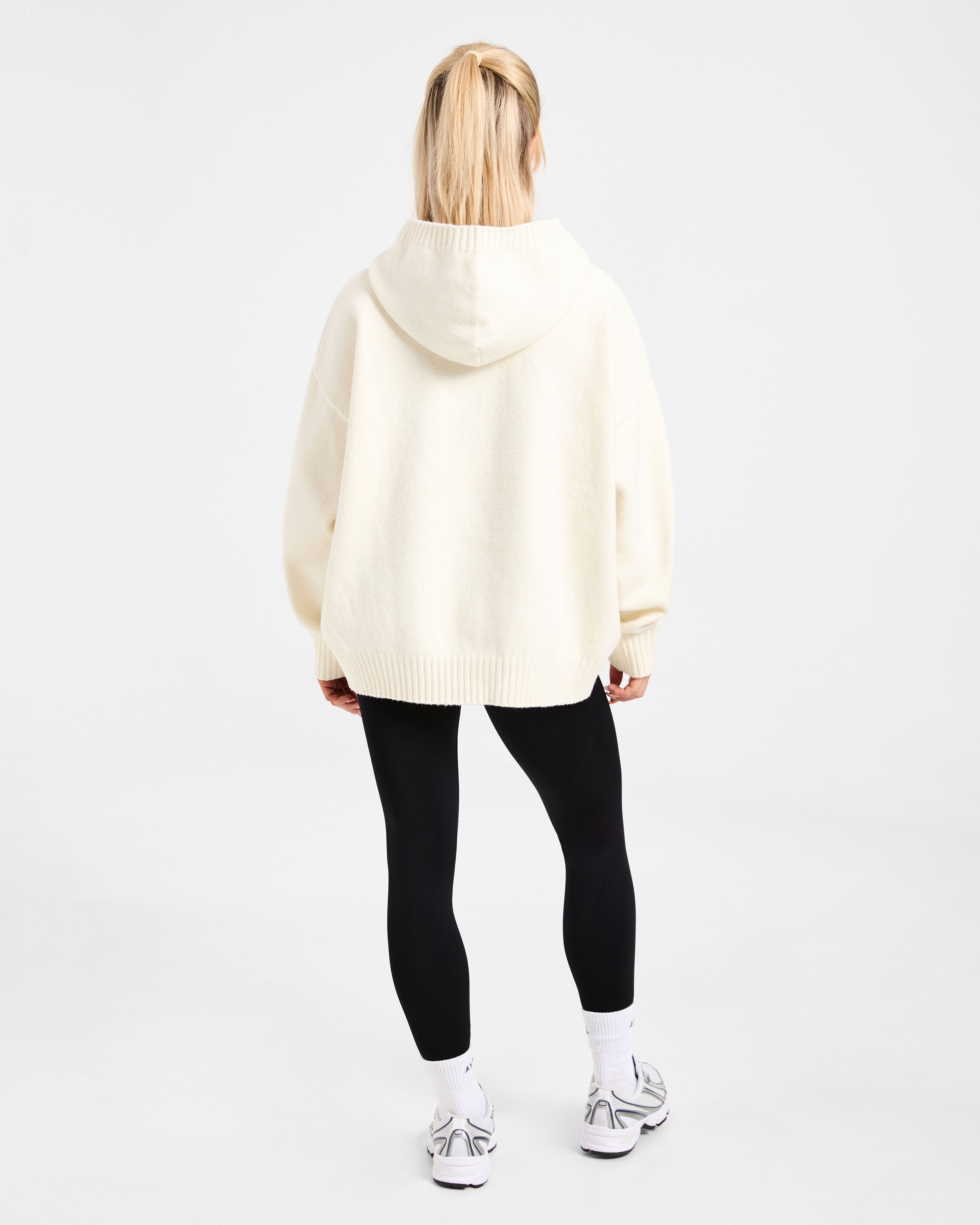 Varsity Minimal Logo Oversized Knitted Hoodie - Crème