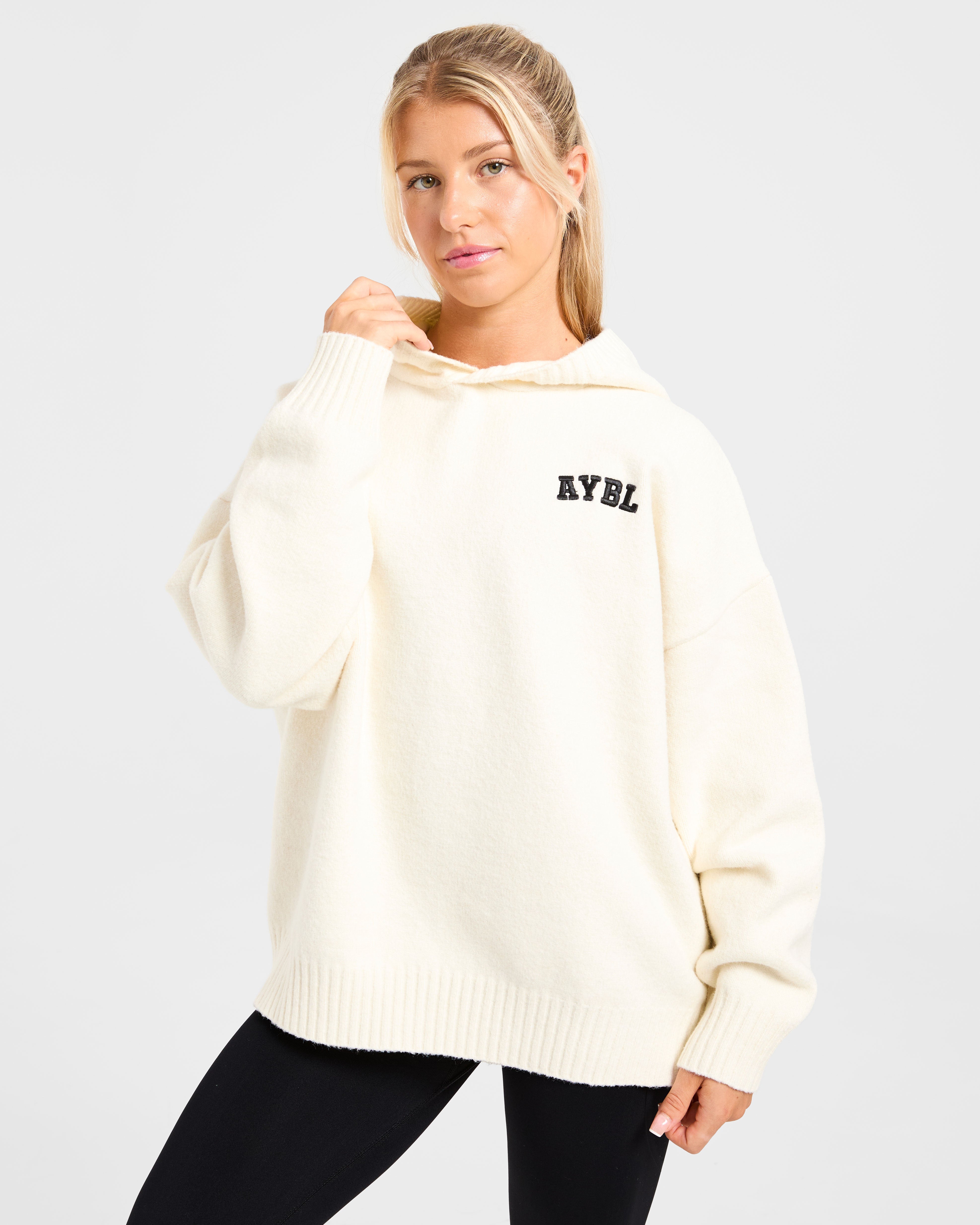 Varsity Minimal Logo Oversized Knitted Hoodie - Crème