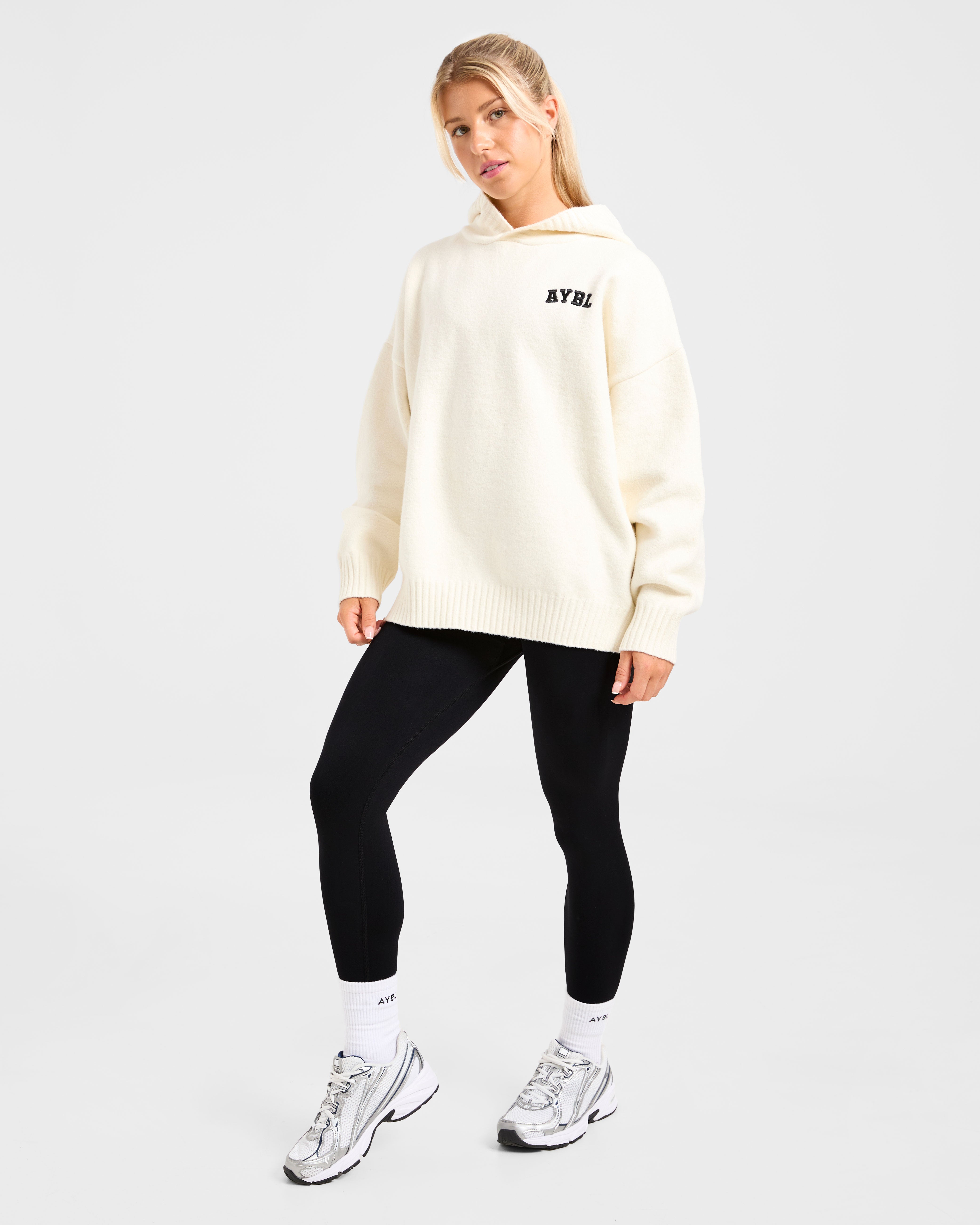 Varsity Minimal Logo Oversized Knitted Hoodie - Crème