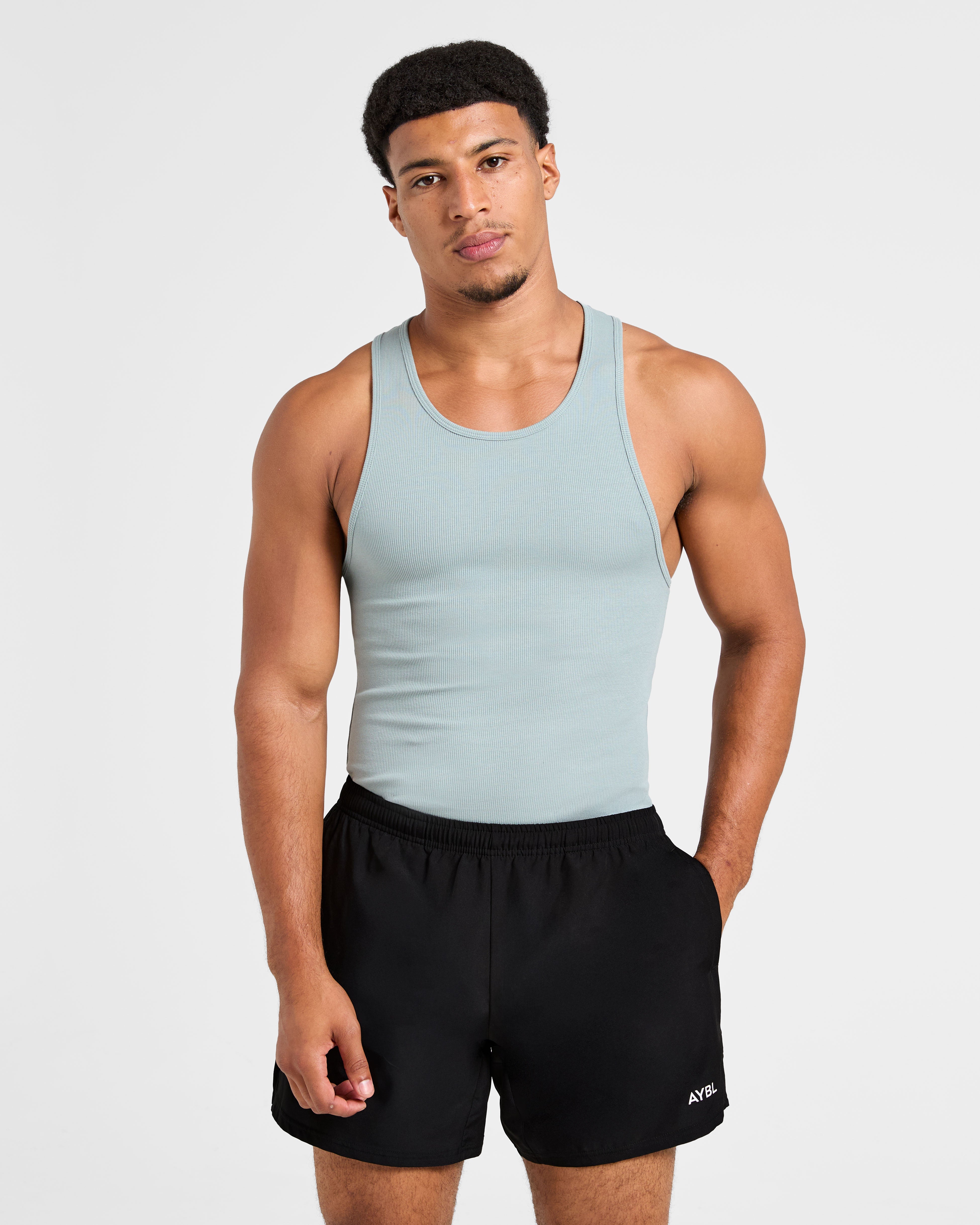 Muscle Ribbed Tank - Stone Blauw