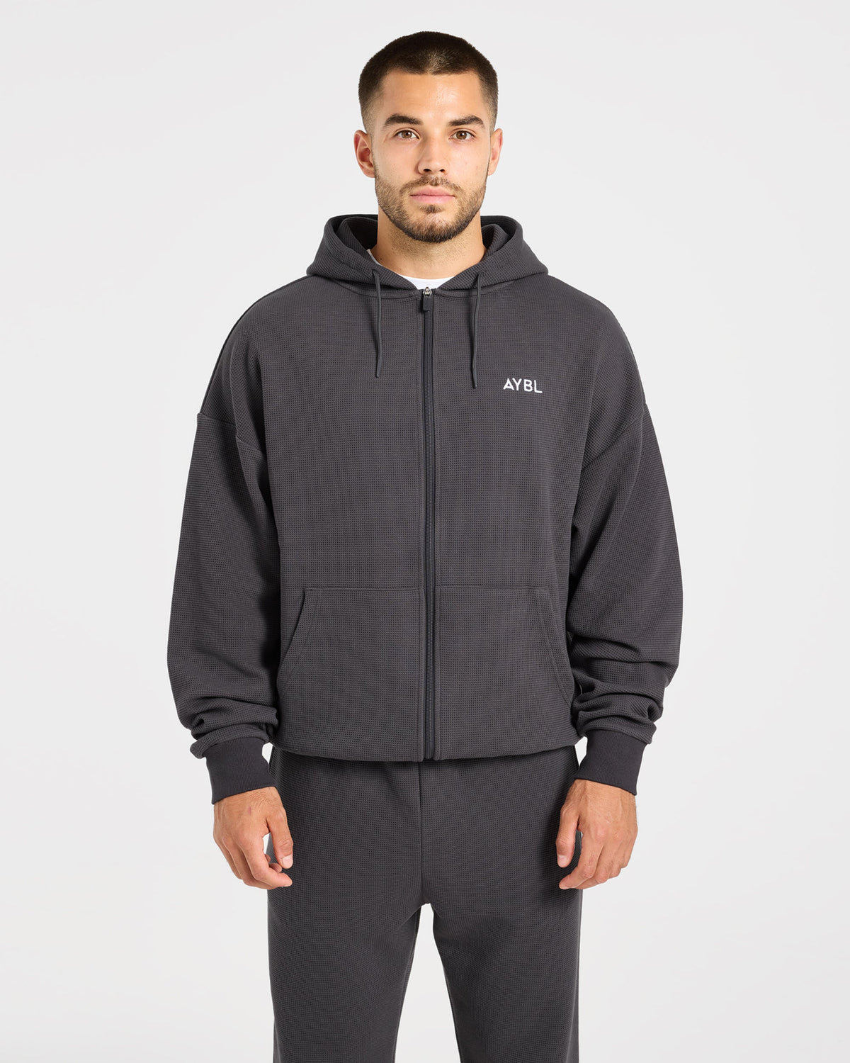 Waffle Oversized Full Zip Hoodie - Charcoal