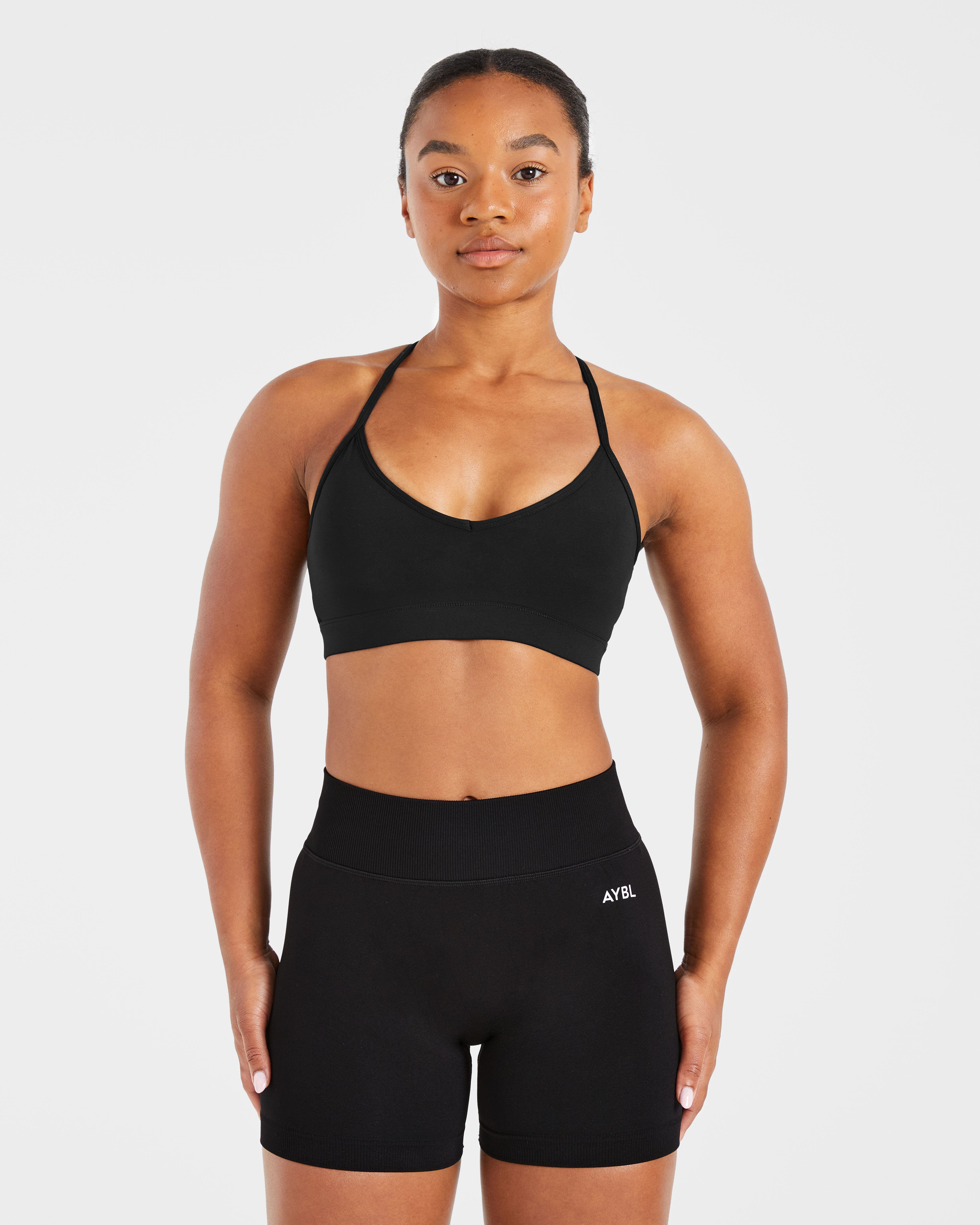 Essential V Neck Strappy Sports Bra - Zwart
