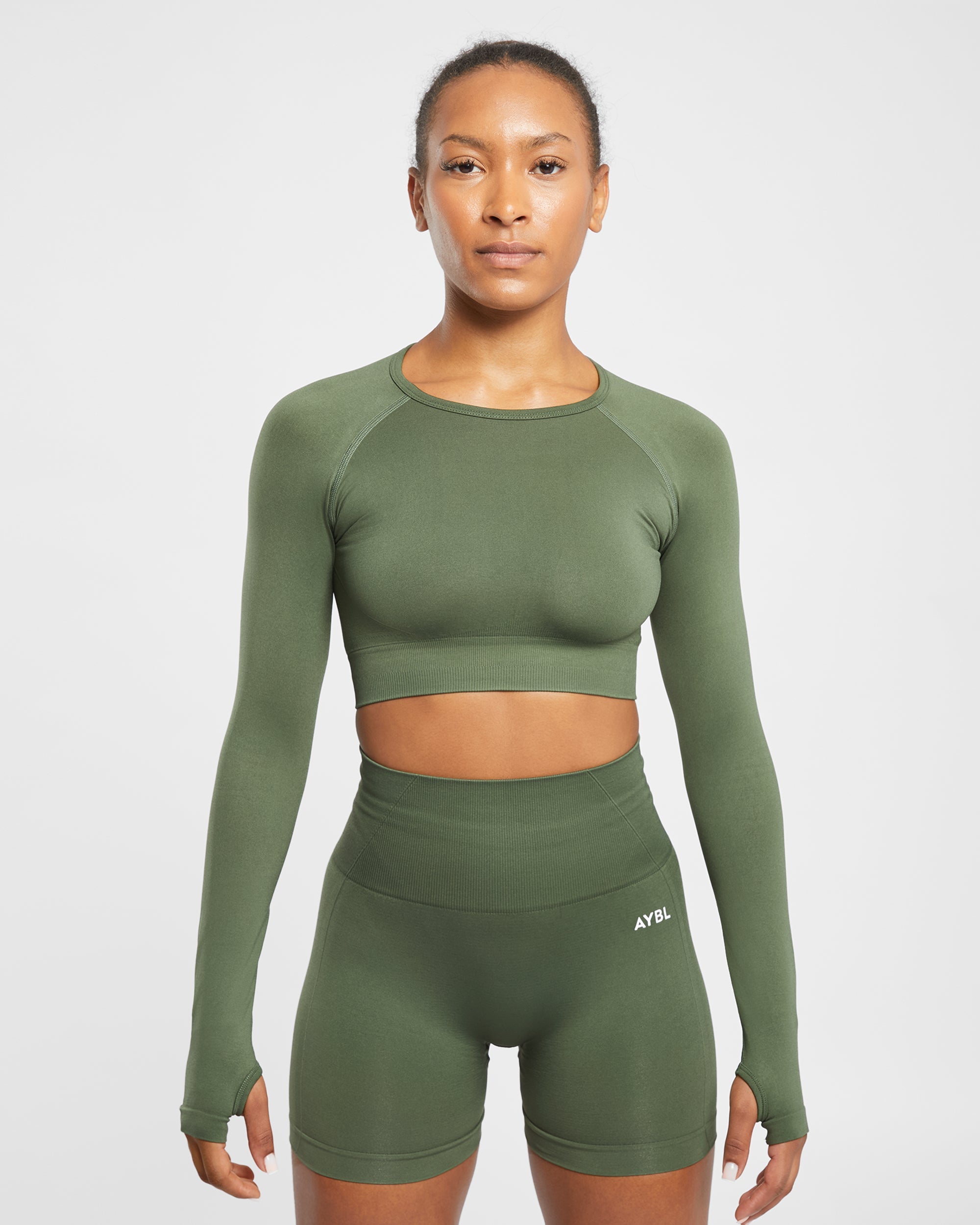 Empower Seamless Long Sleeve Crop Top - Khaki Groen
