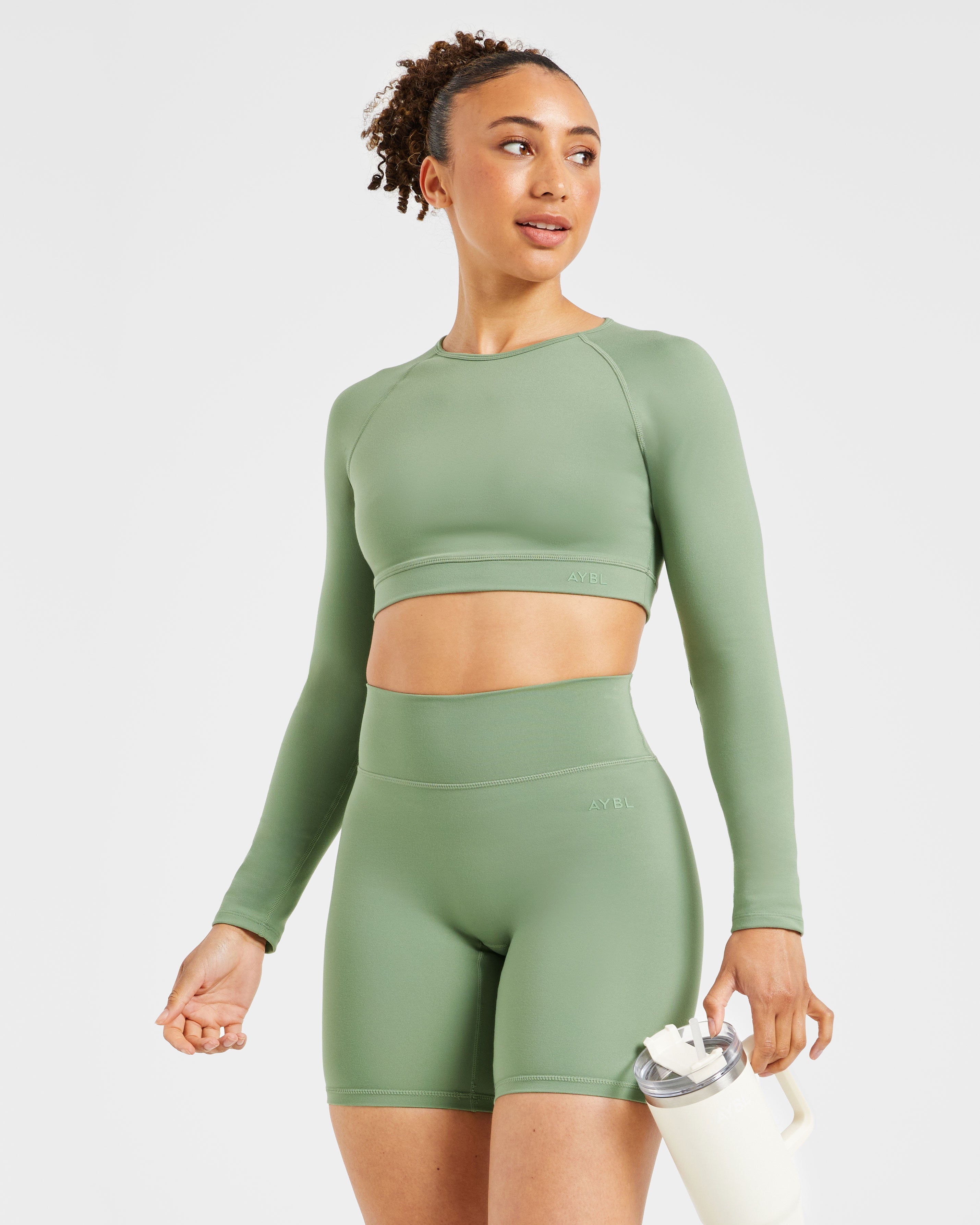 Staple Long Sleeve Crop Top - Olive Groen
