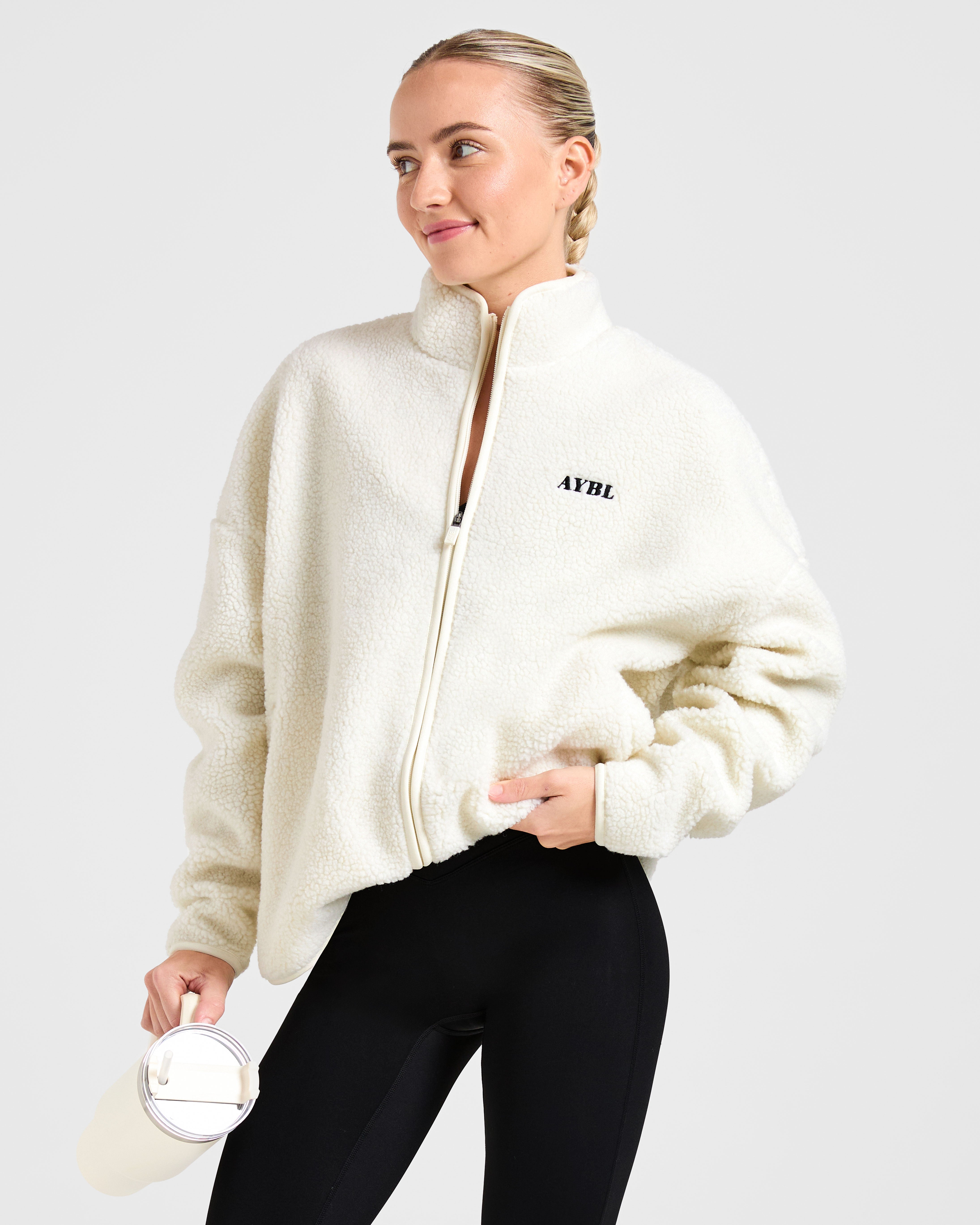 Oversized Zip Up Fleece Jacket - Crème
