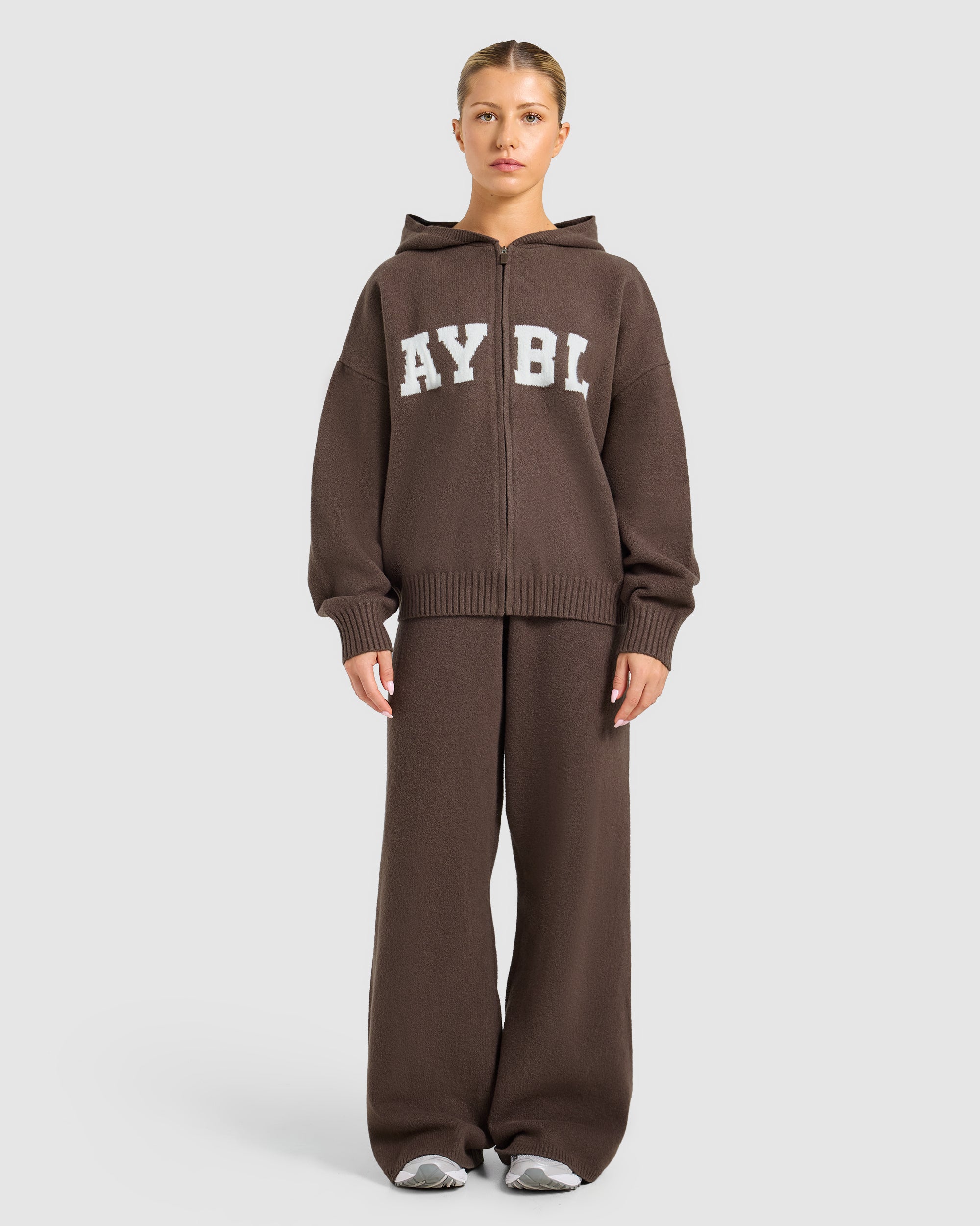 Varsity Oversized Knitted Zip Up Hoodie - Bruin
