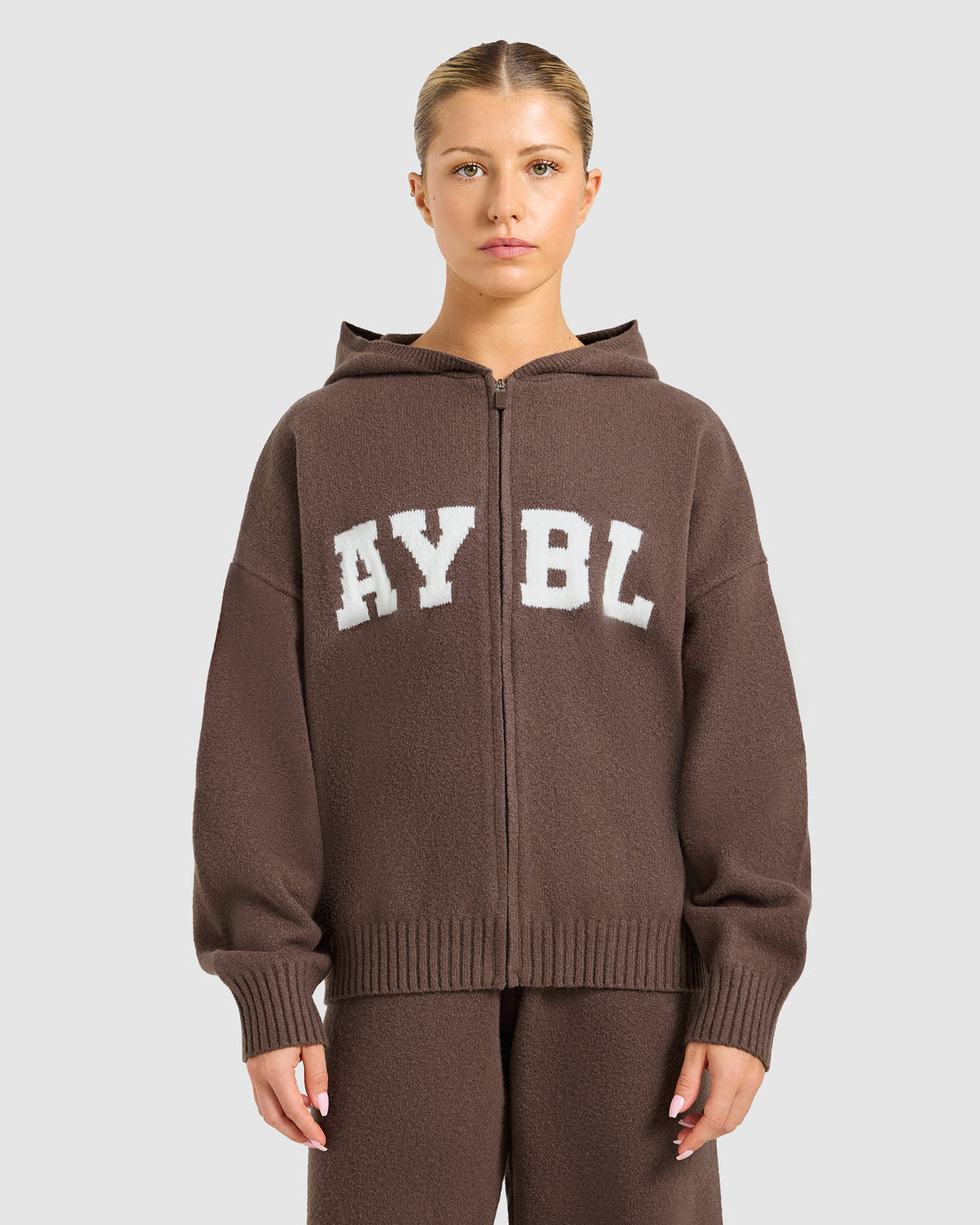 Varsity Oversized Knitted Zip Up Hoodie - Bruin