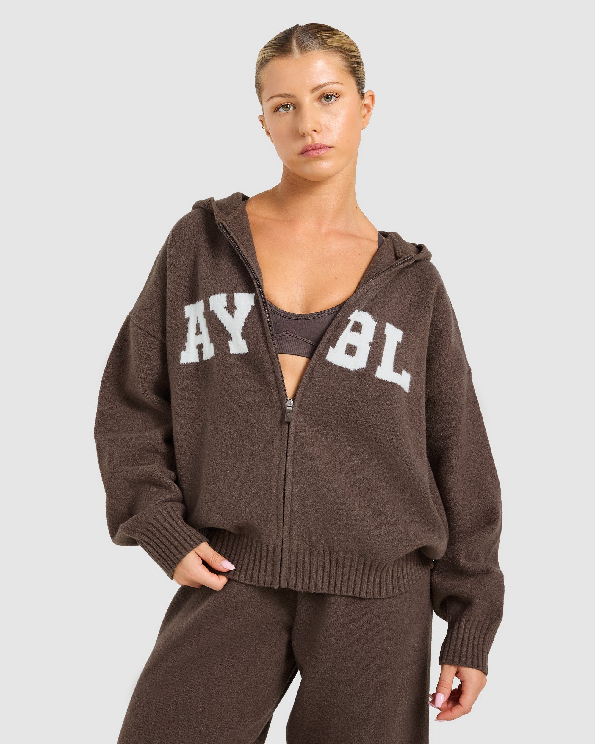 Varsity Oversized Knitted Zip Up Hoodie - Bruin