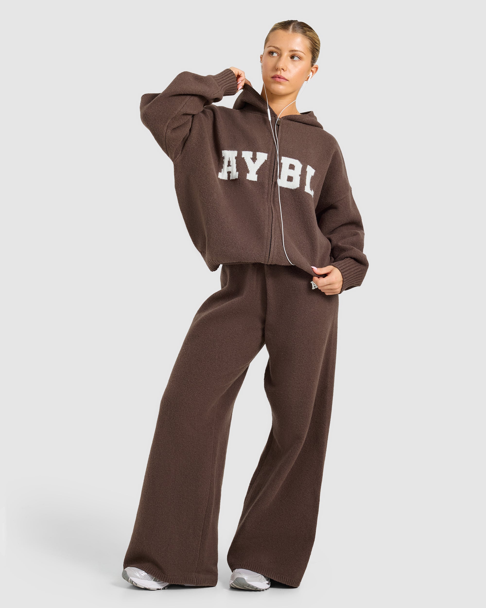 Varsity Oversized Knitted Zip Up Hoodie - Bruin