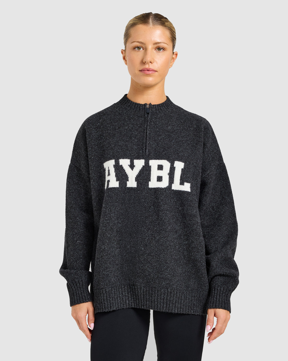 Varsity Oversized Knitted 1/4 Zip Pullover - Charcoal