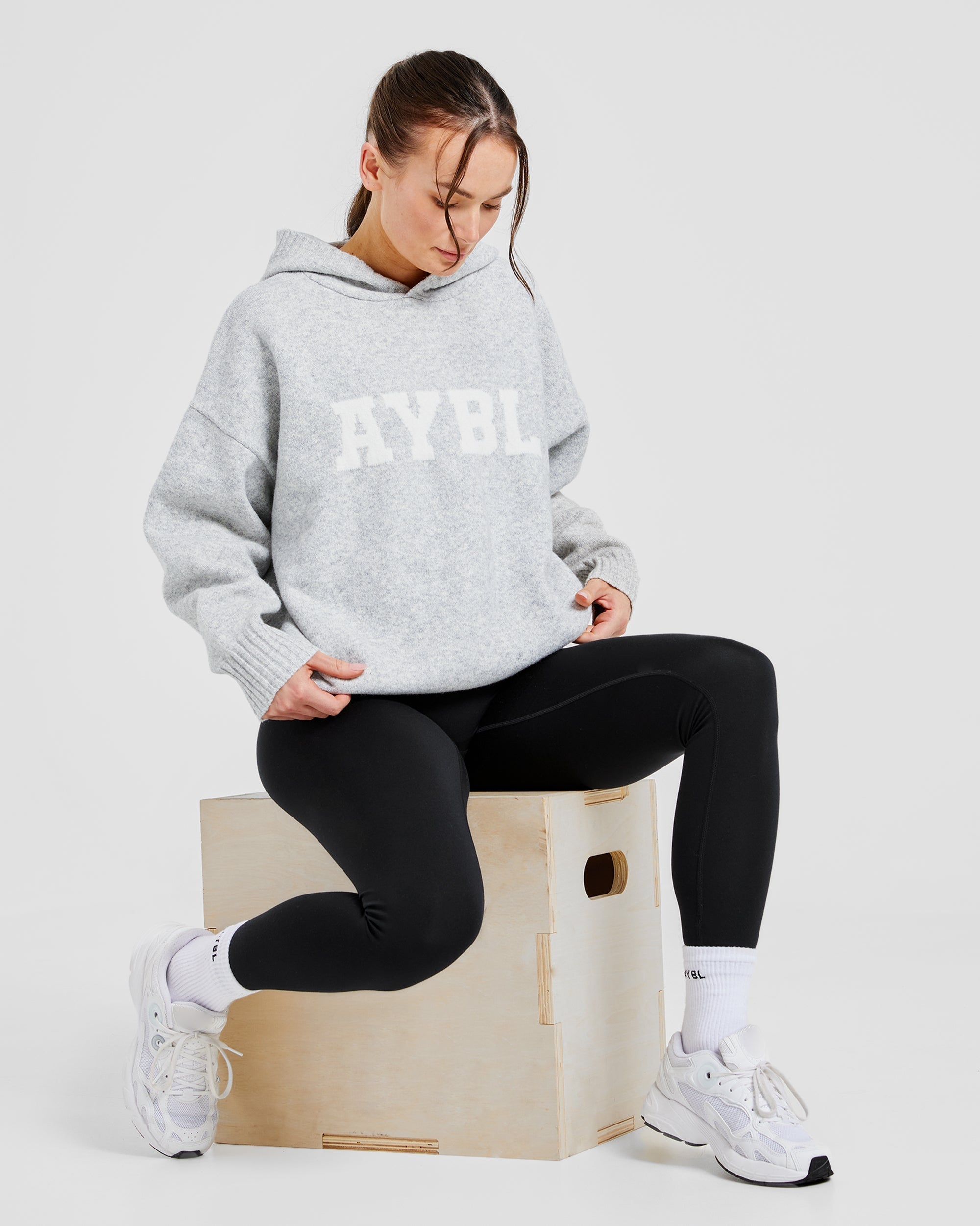 Varsity Oversized Knitted Hoodie - Grijs Marl