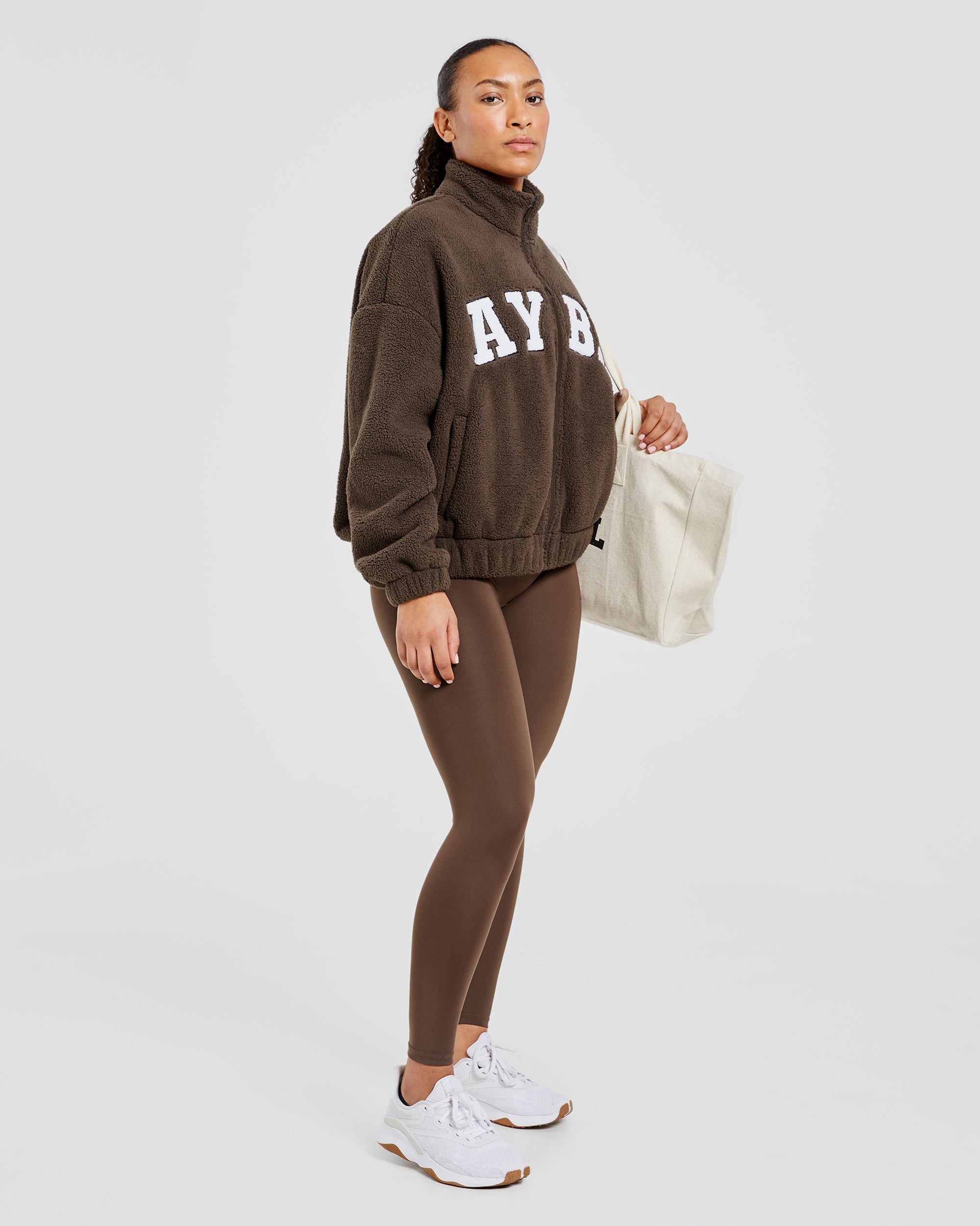 Varsity Oversized Fleece Zip Up Jacket - Cocoa Bruin