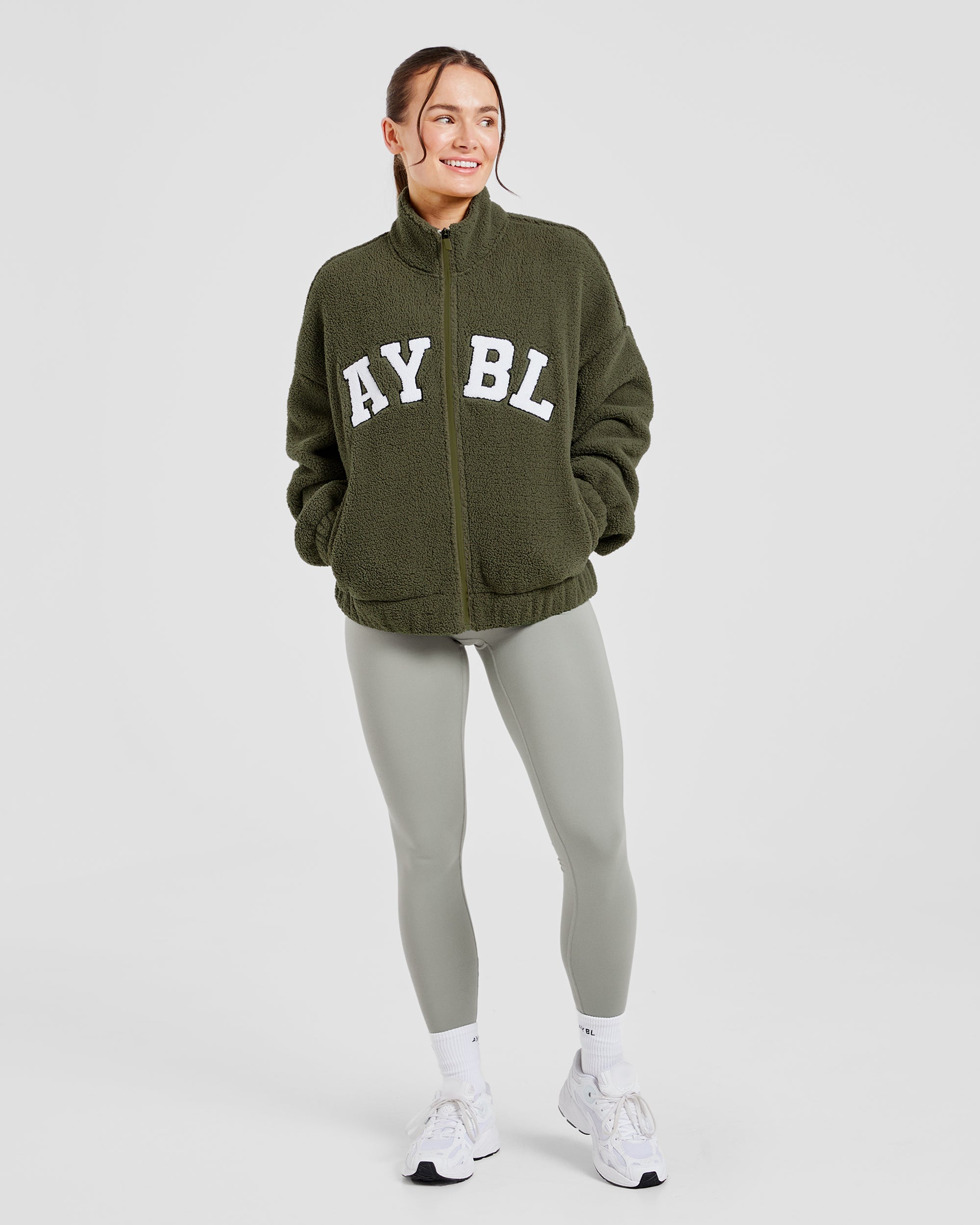 Varsity Oversized Fleece Zip Up Jacket - Khaki Green