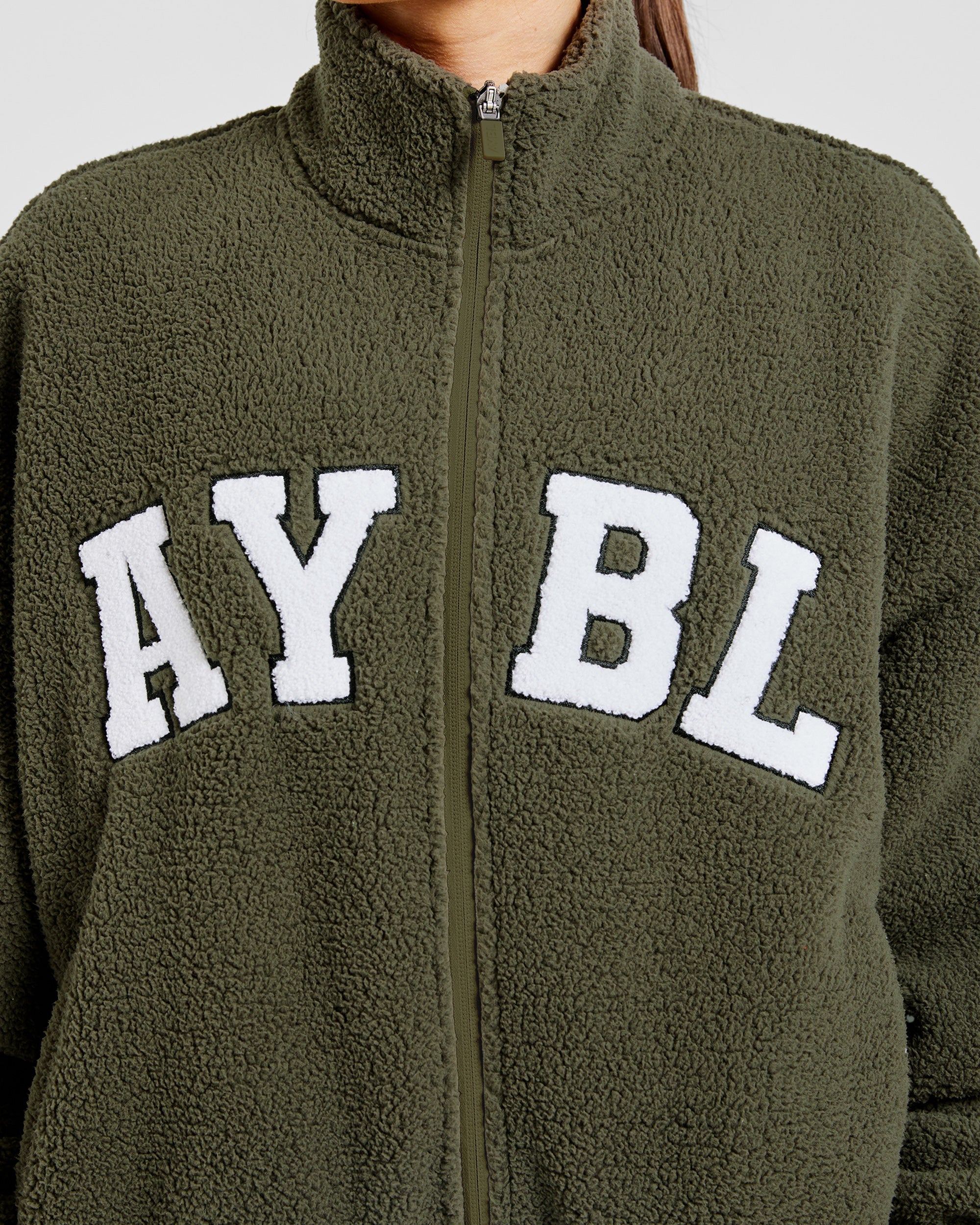 Varsity Oversized Fleece Zip Up Jacket - Khaki Green