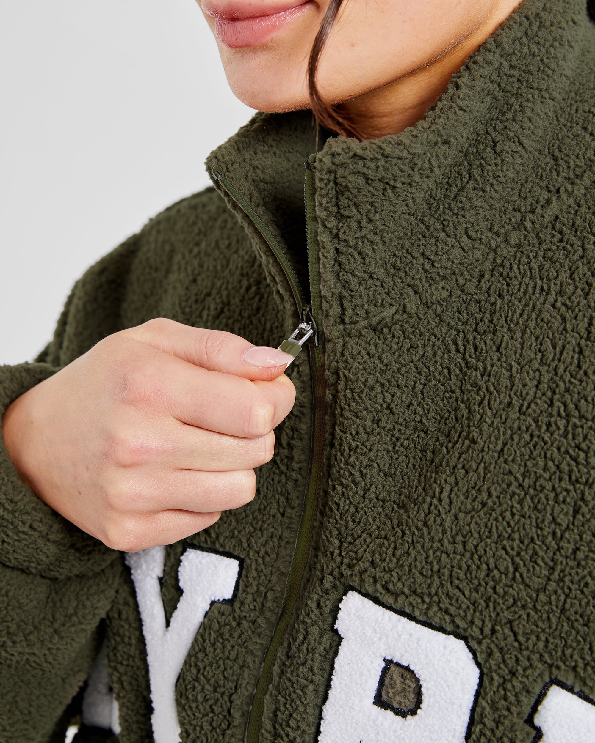 Varsity Oversized Fleece Zip Up Jacket - Khaki Green