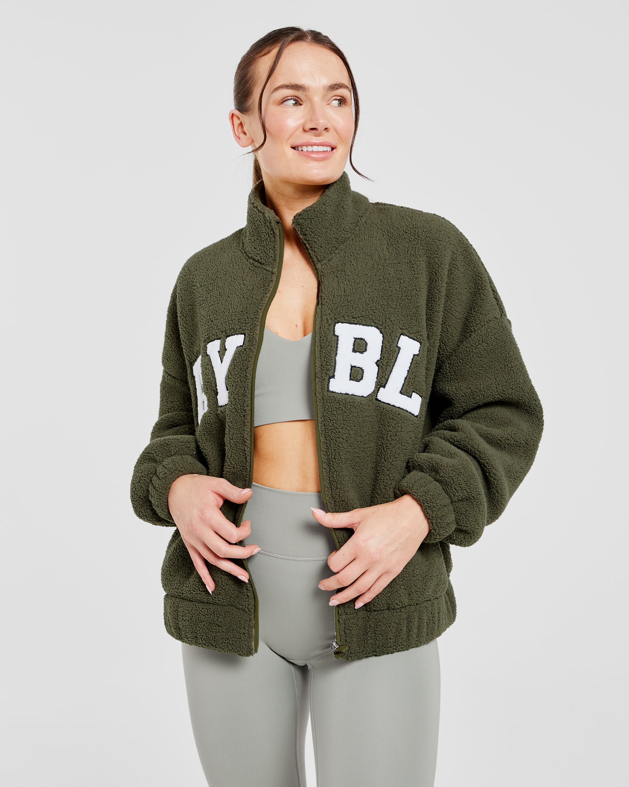 Varsity Oversized Fleece Zip Up Jacket - Khaki Green