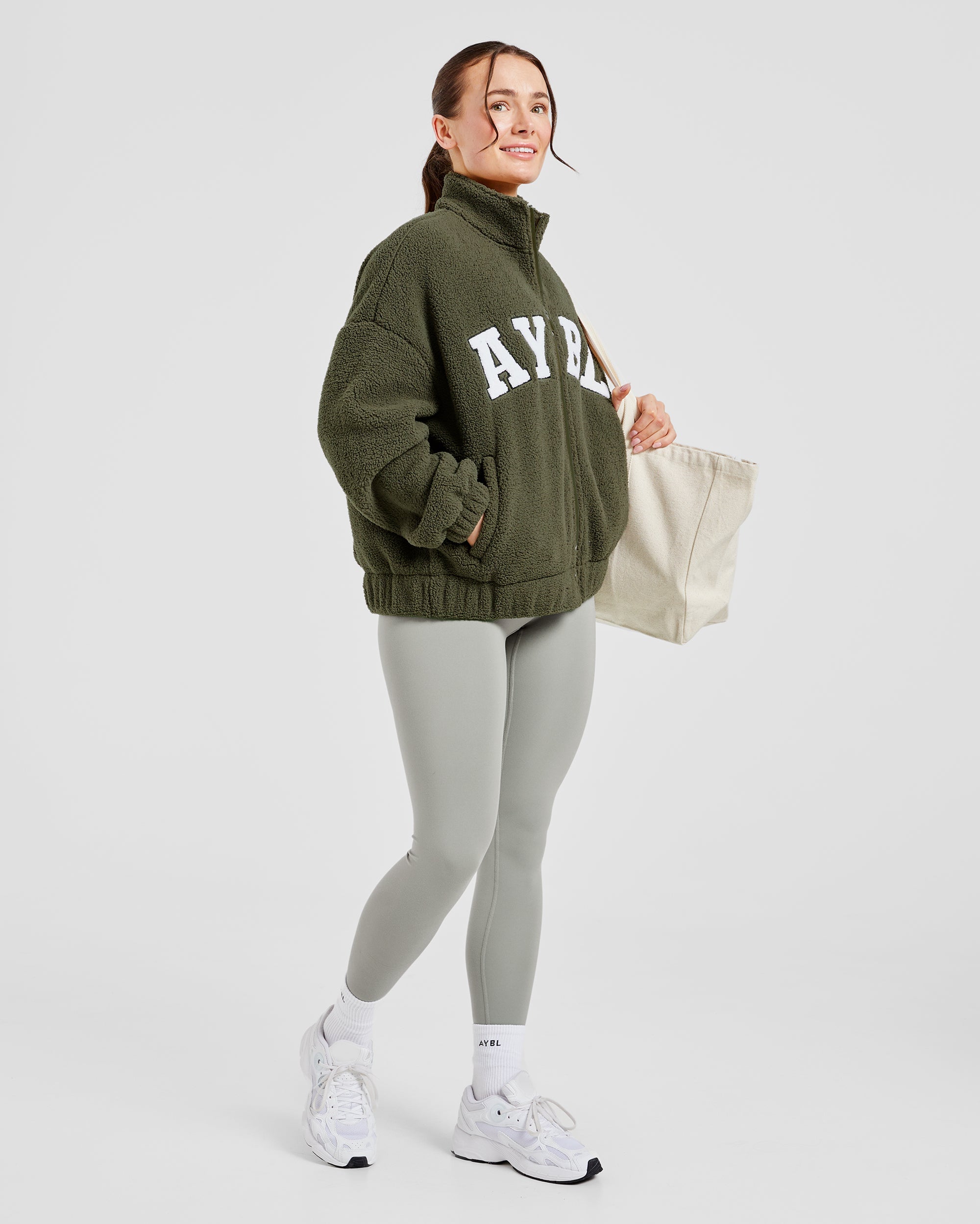 Varsity Oversized Fleece Zip Up Jacket - Khaki Green