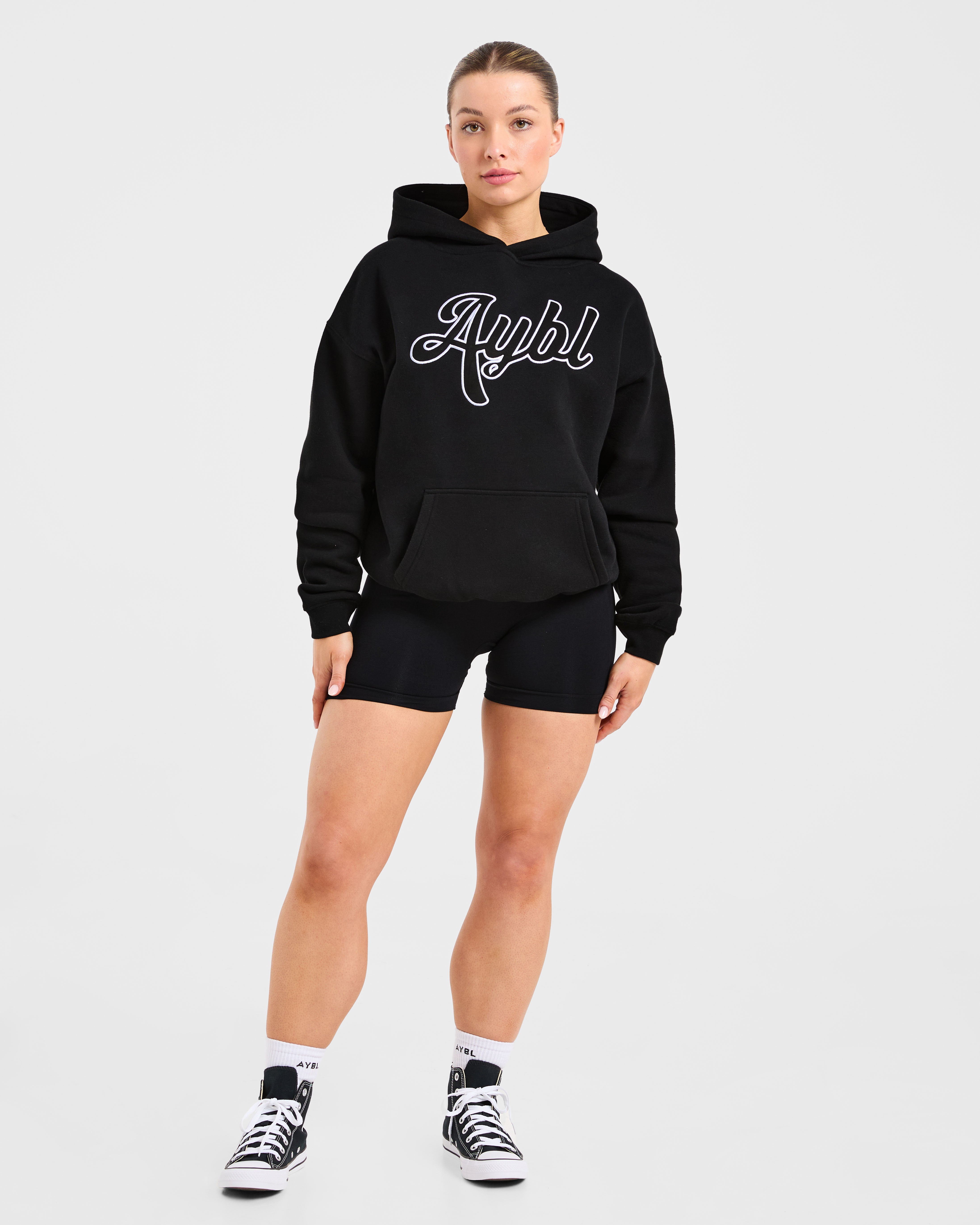 Script Embroidered Oversized Hoodie - Zwart