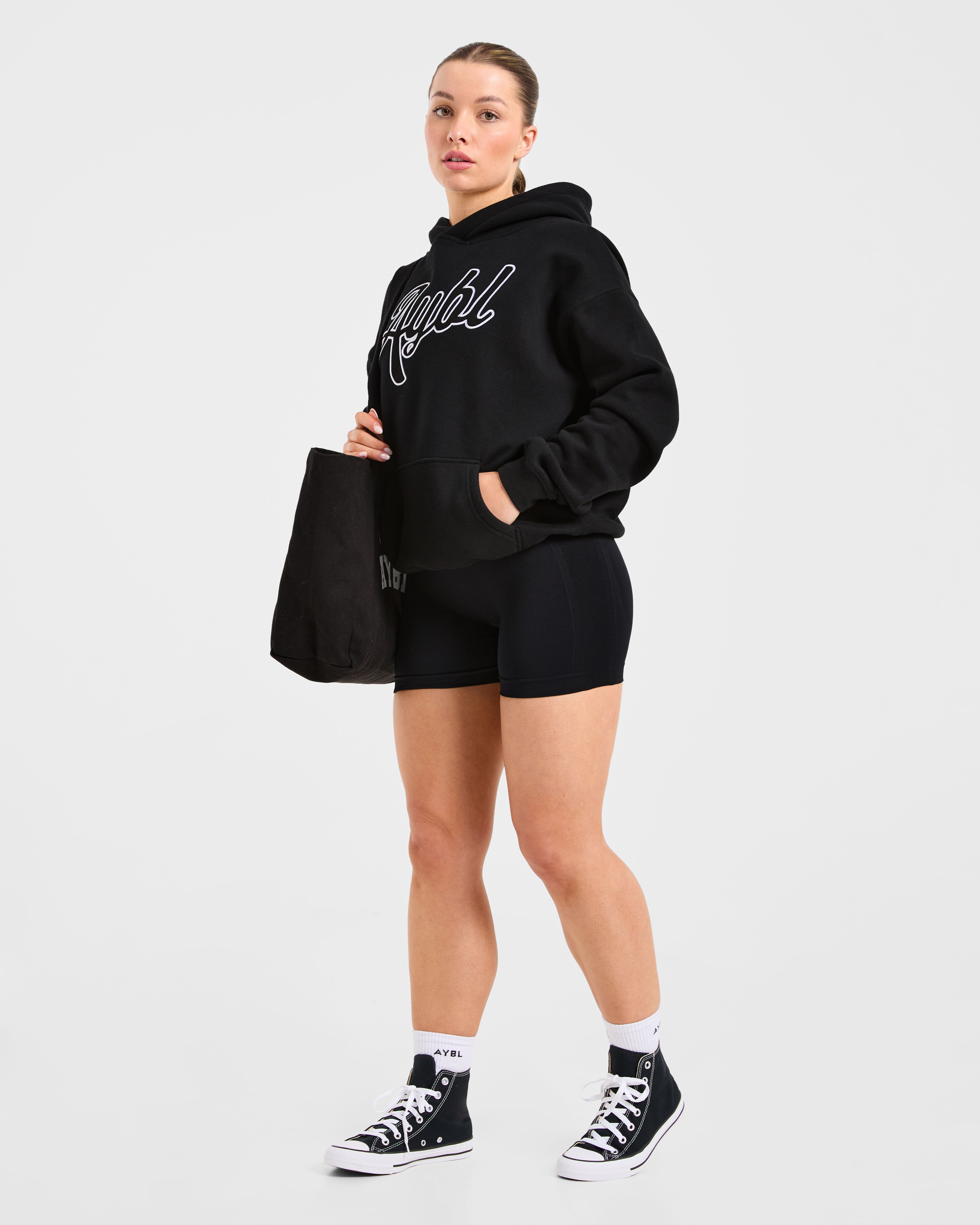 Script Embroidered Oversized Hoodie - Zwart