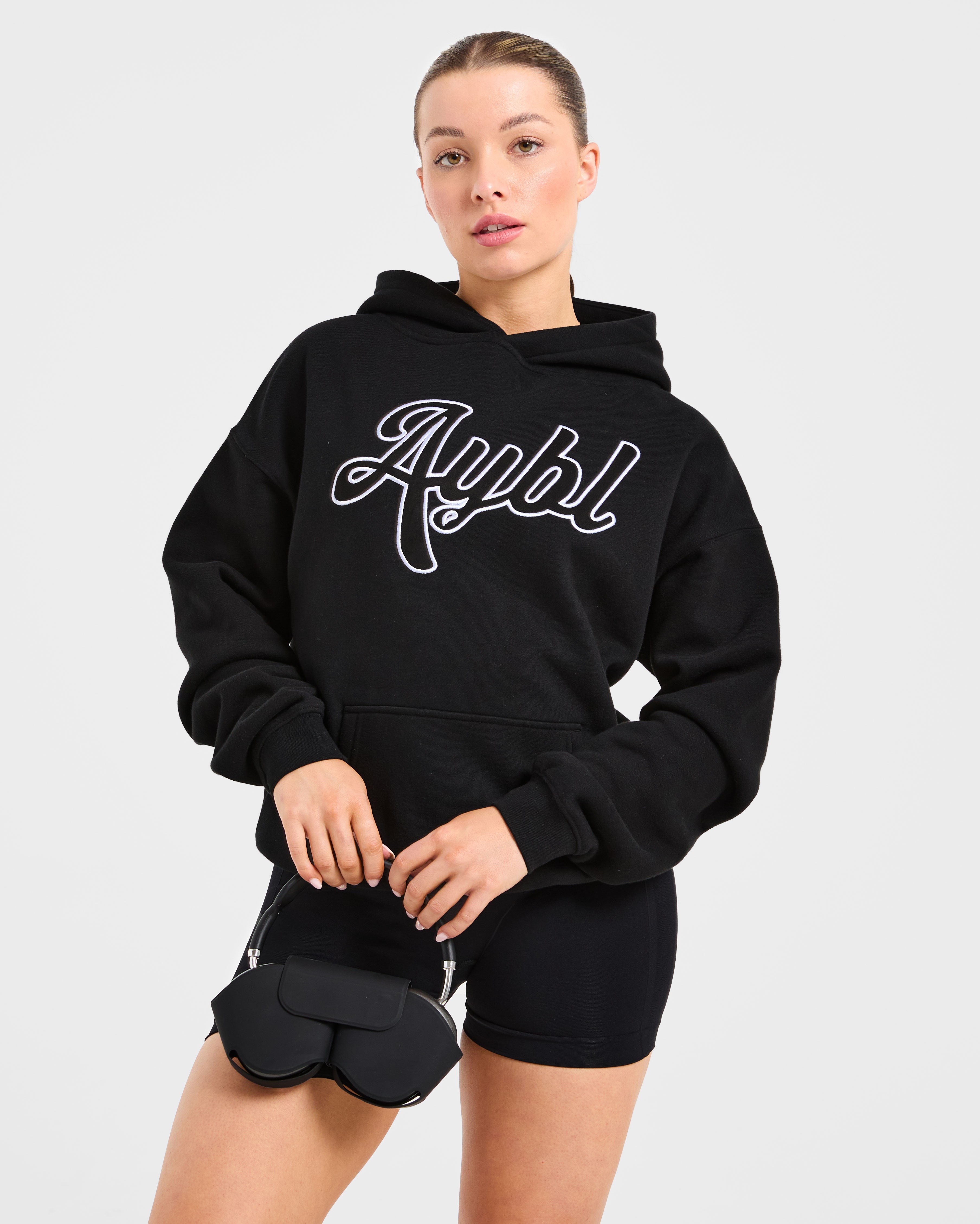 Script Embroidered Oversized Hoodie - Zwart