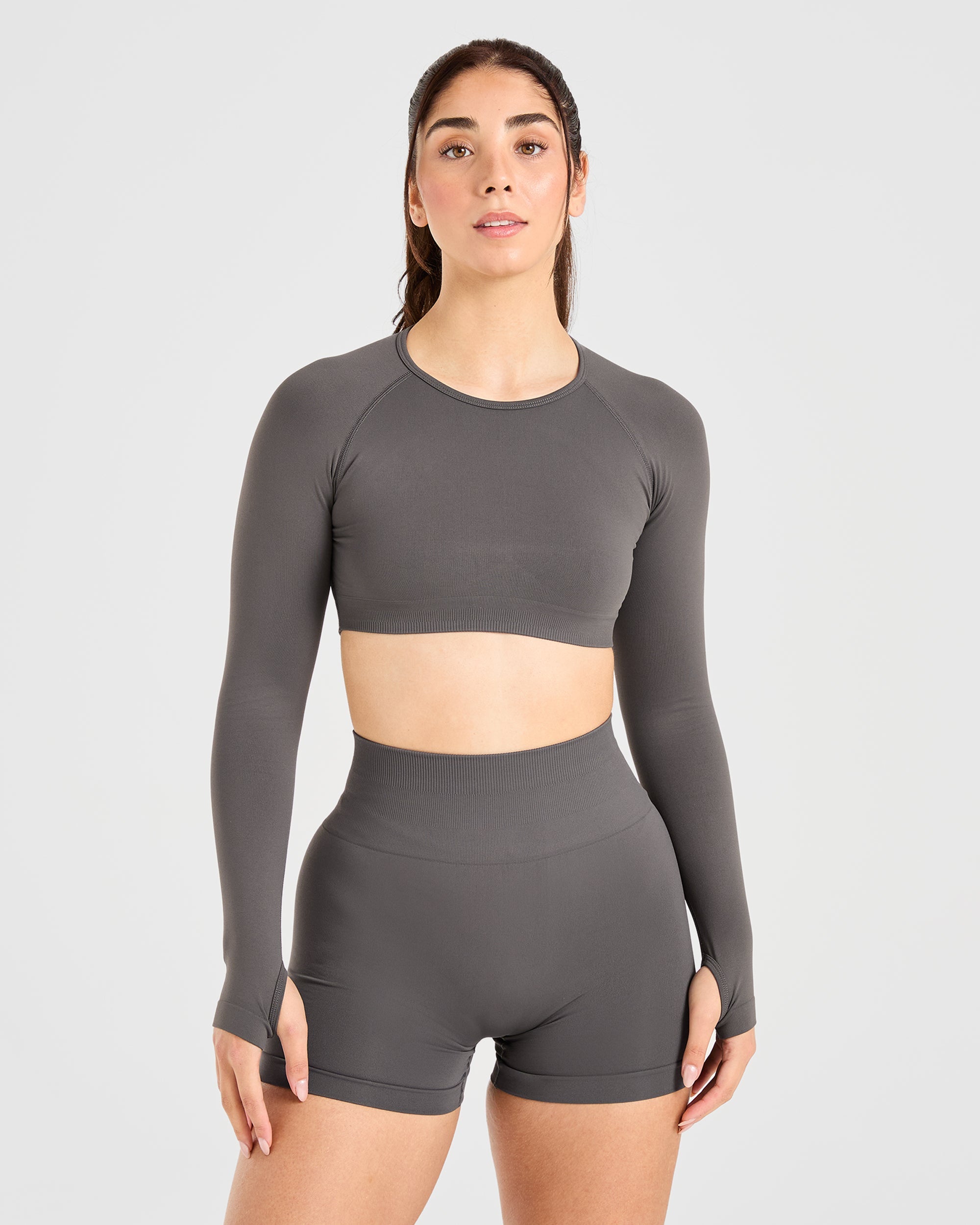 Power Seamless Long Sleeve Crop Top - Charcoal