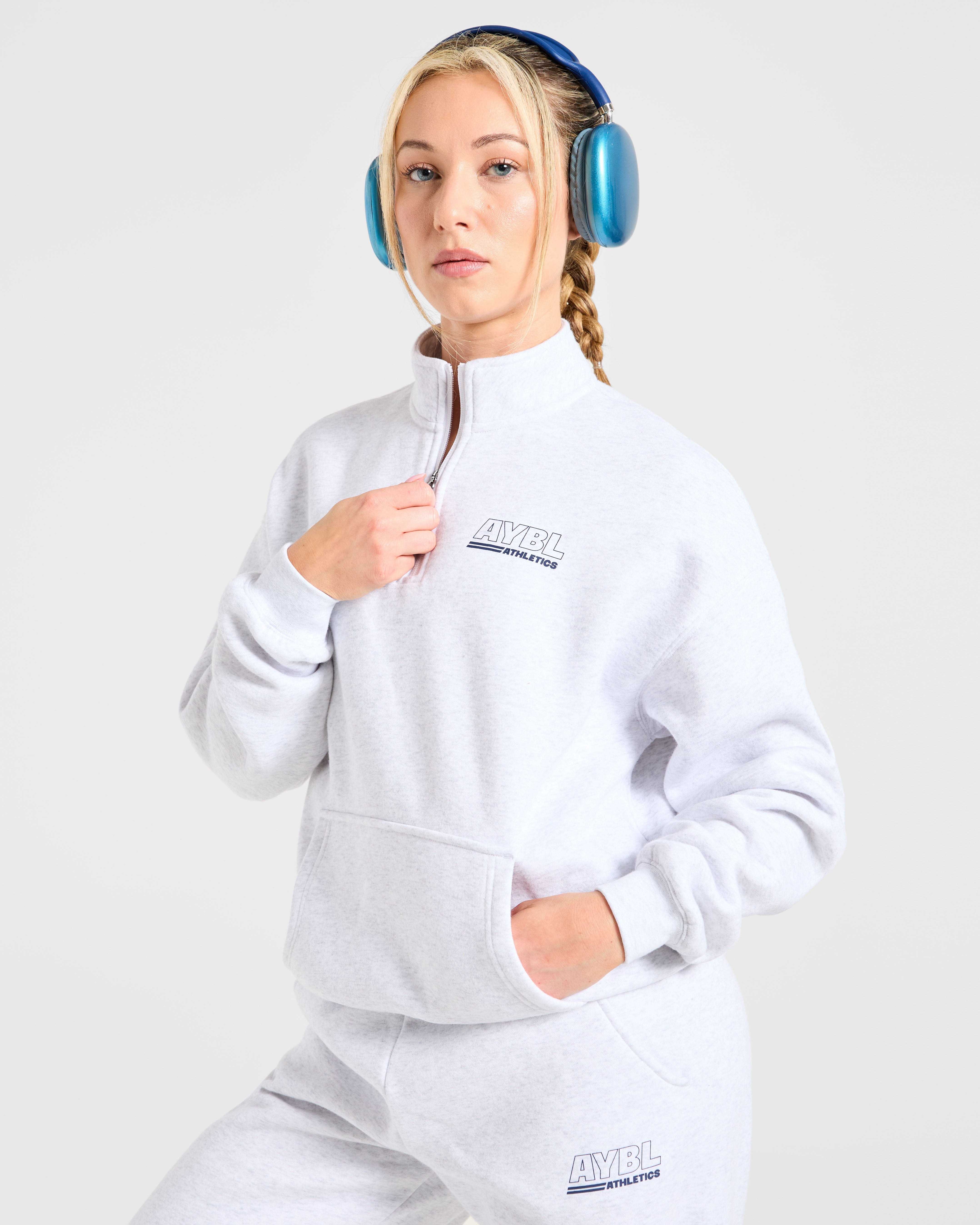 Athletics Track Oversized 1/4 Zip Pullover - Heather Grijs/Navy