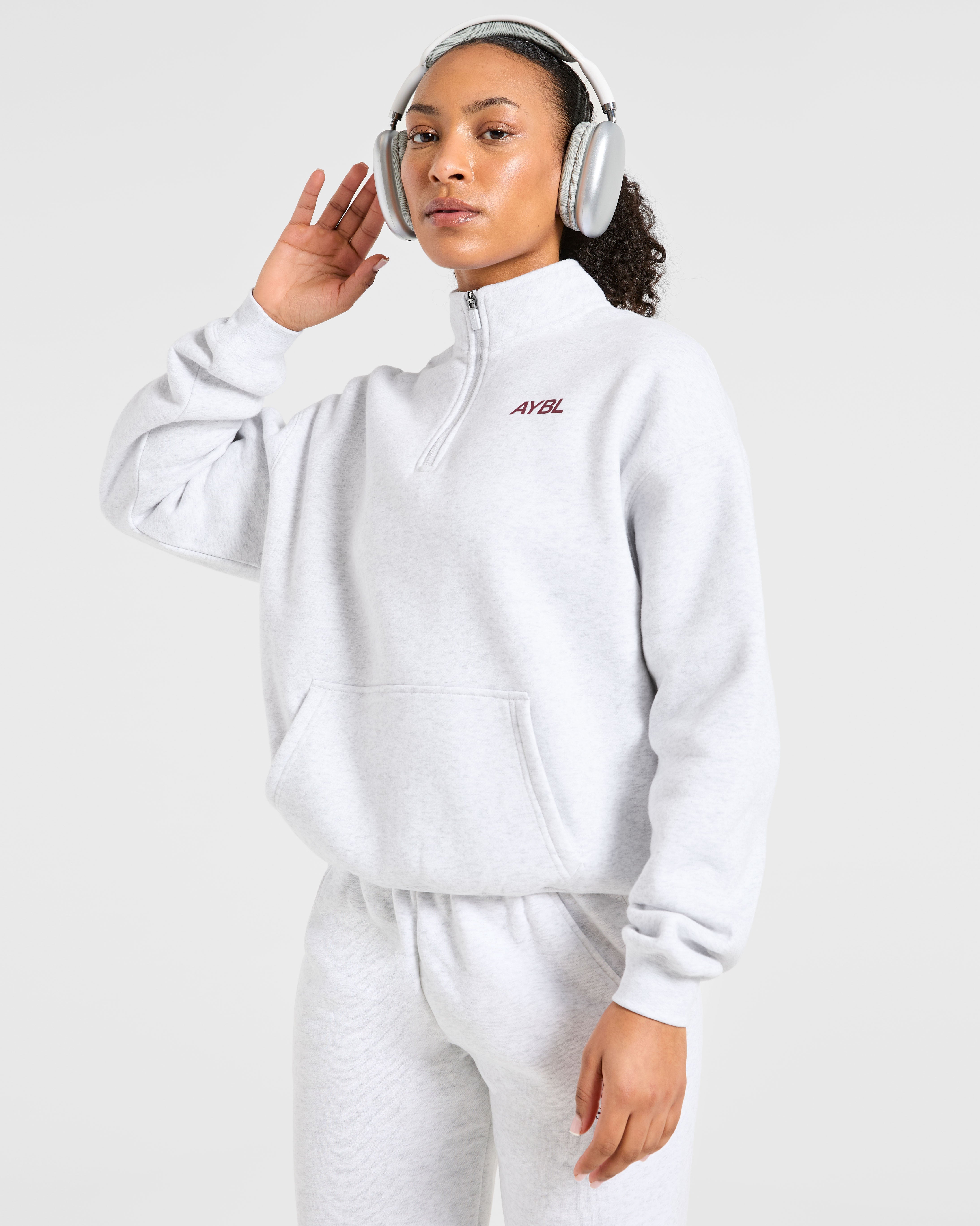 Sports Club Oversized 1/4 Zip Pullover - Grijs Marl/Burgundy