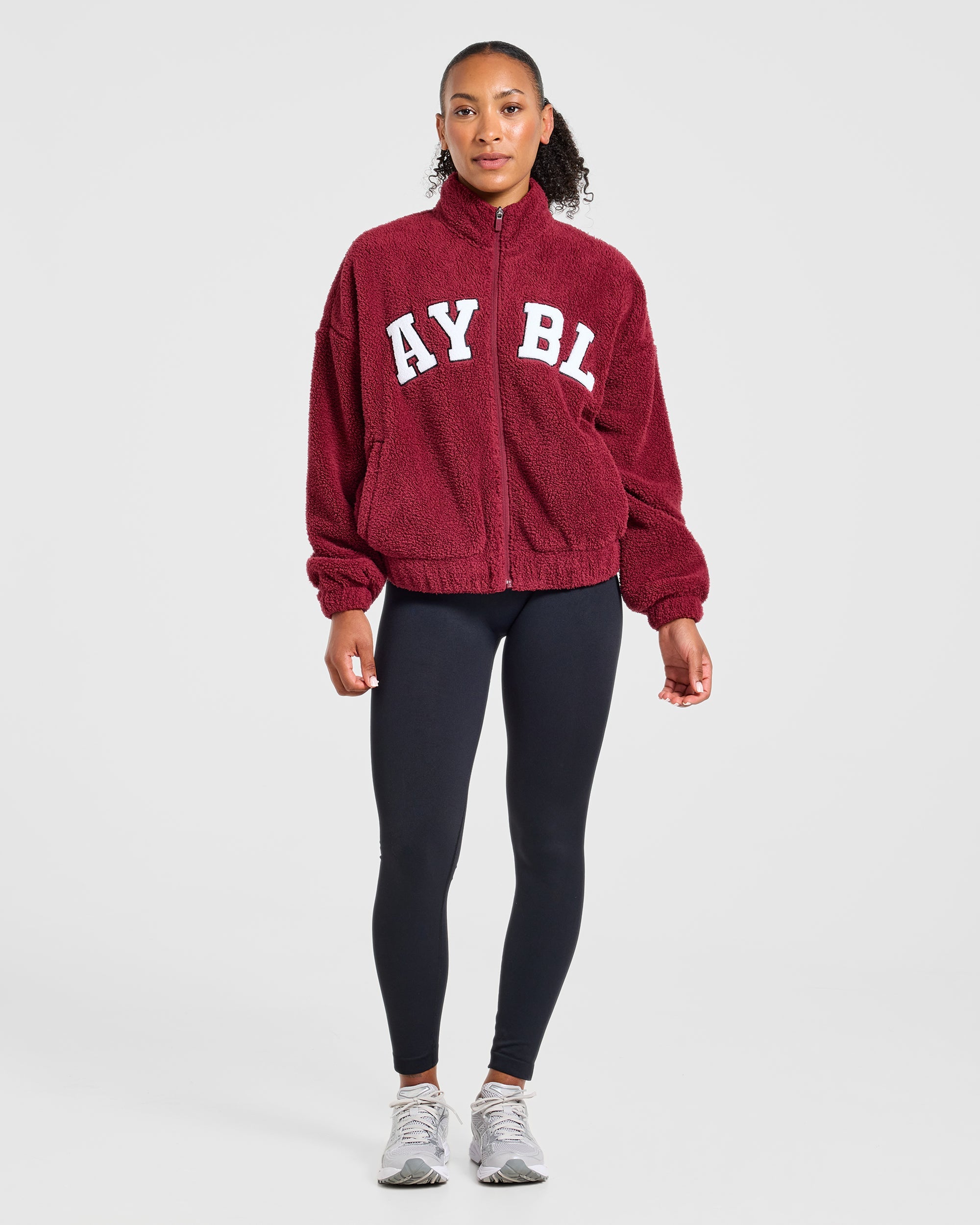 Varsity Oversized Fleece Zip Up Jacket - Mahogany Rood