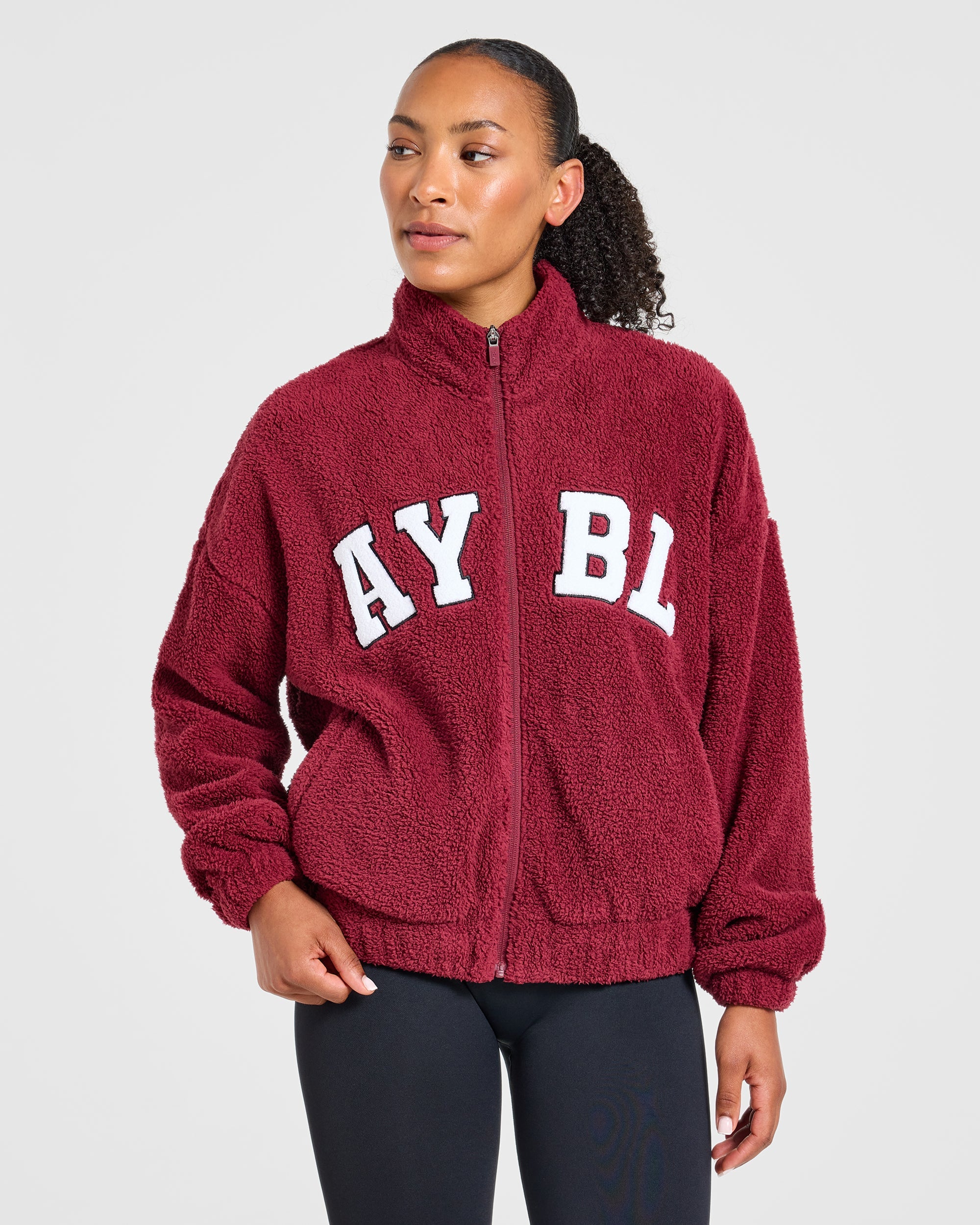 Varsity Oversized Fleece Zip Up Jacket - Mahogany Rood