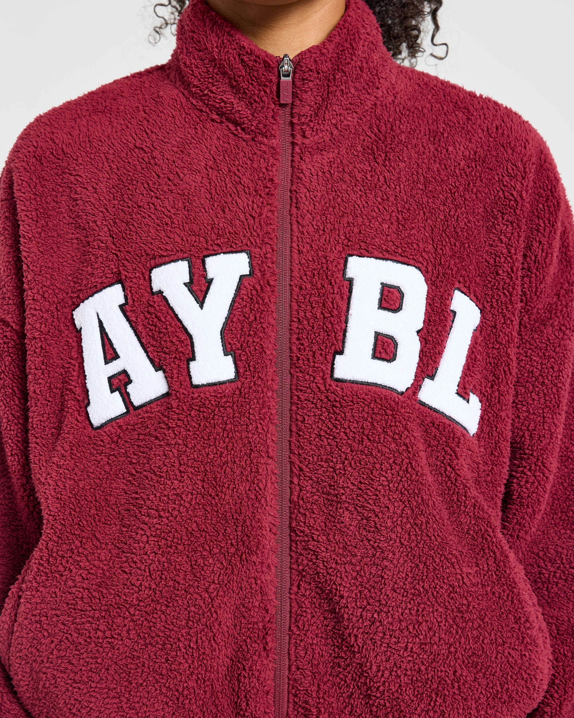 Varsity Oversized Fleece Zip Up Jacket - Mahogany Rood