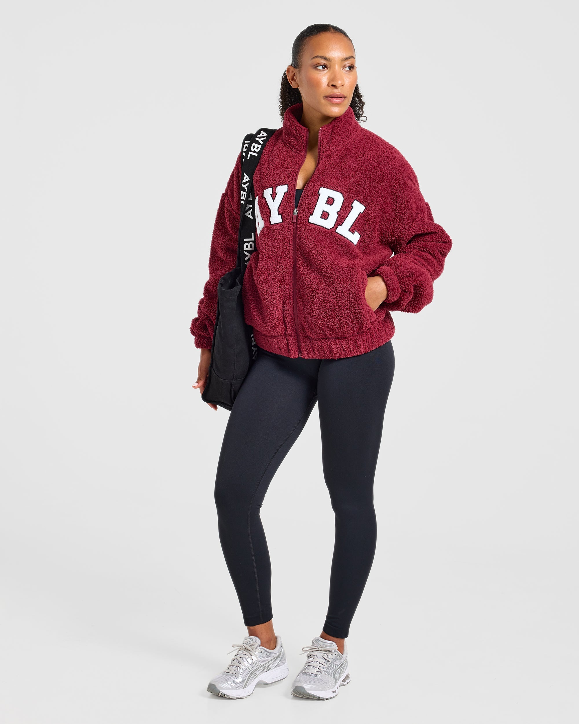 Varsity Oversized Fleece Zip Up Jacket - Mahogany Rood