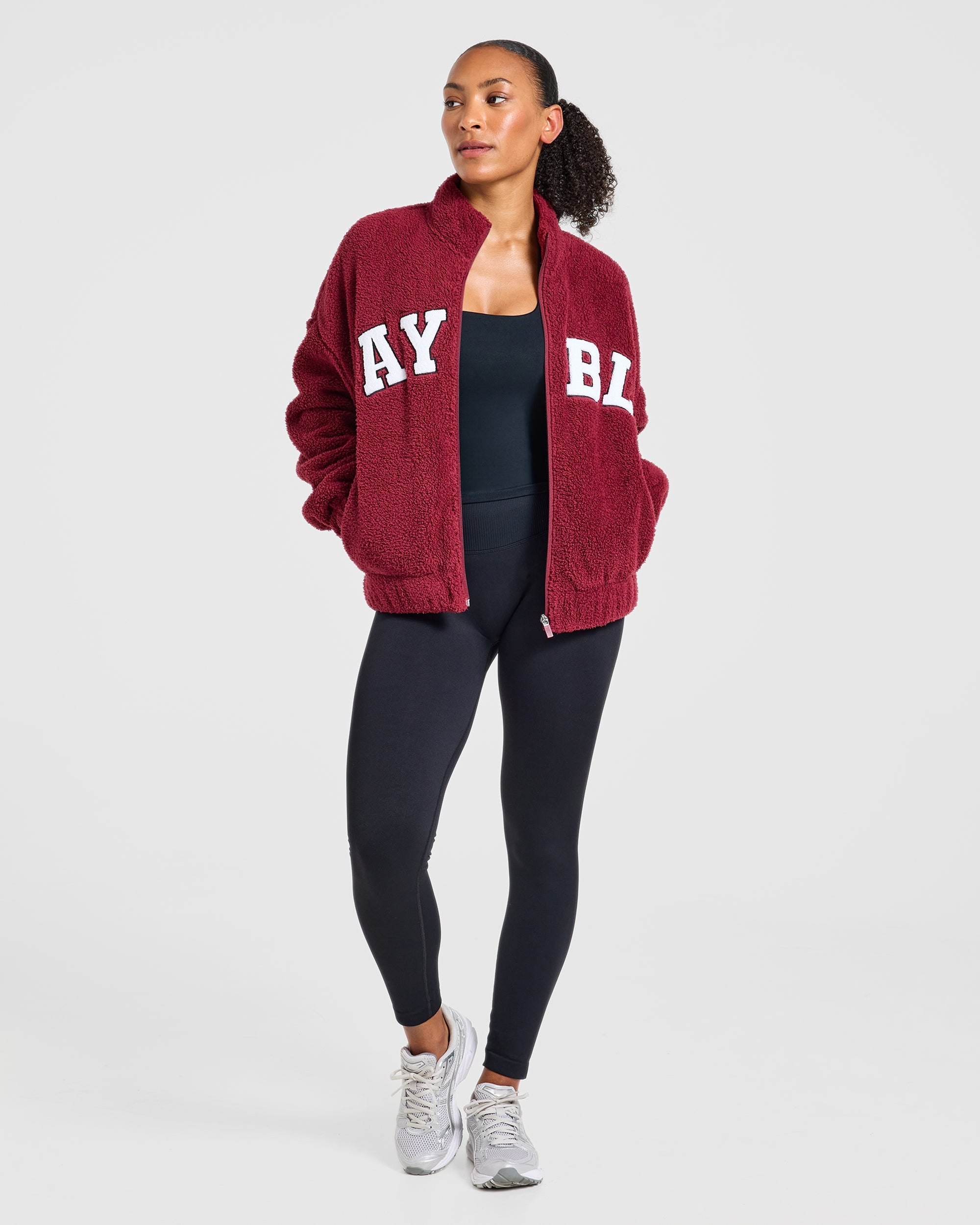Varsity Oversized Fleece Zip Up Jacket - Mahogany Rood