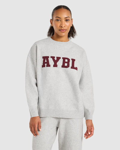 Varsity Oversized Knitted Sweater - Grijs Marl/Burgundy