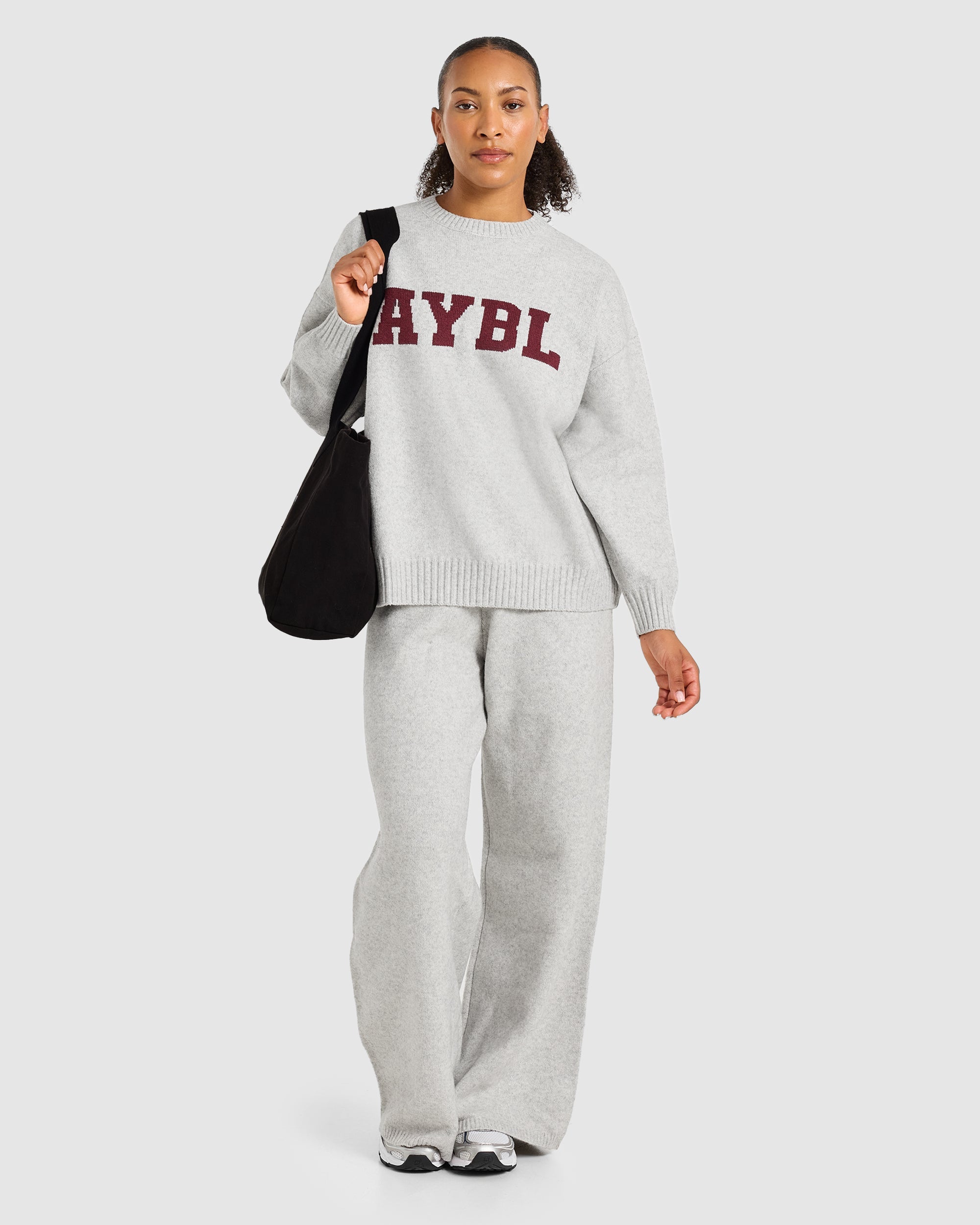 Varsity Oversized Knitted Sweater - Grijs Marl/Burgundy