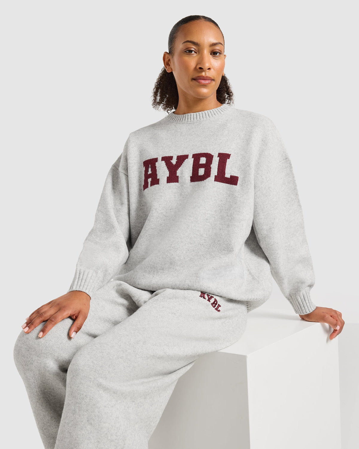 Varsity Oversized Knitted Sweater - Grijs Marl/Burgundy
