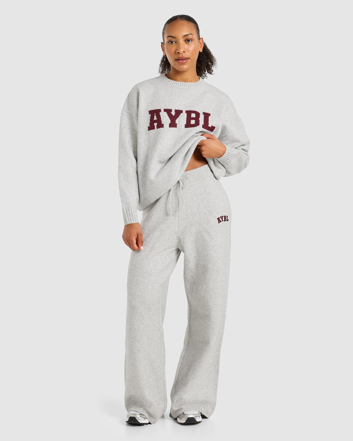 Varsity Oversized Knitted Joggers - Grijs Marl/Burgundy
