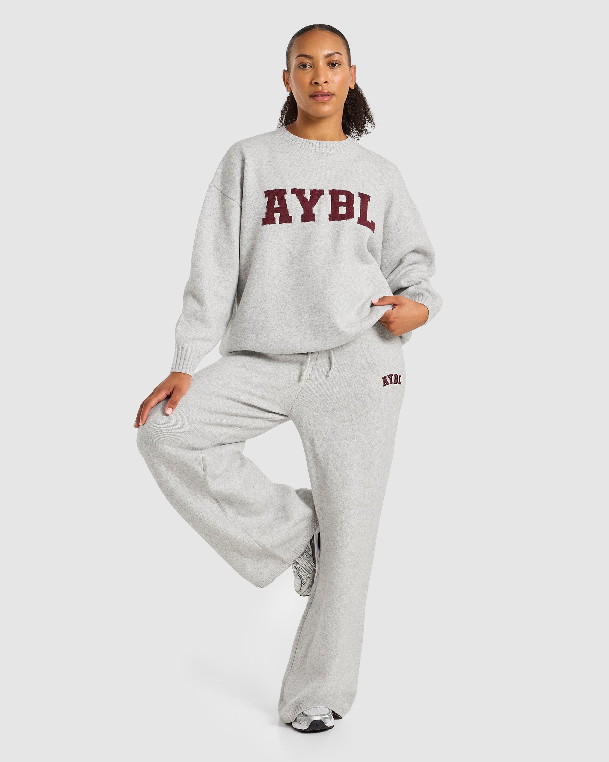 Varsity Oversized Knitted Joggers - Grijs Marl/Burgundy