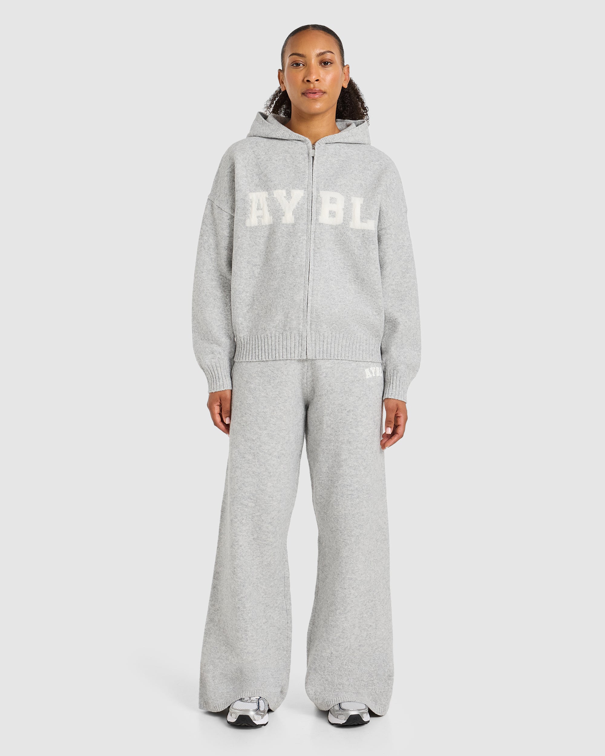 Varsity Oversized Knitted Zip Up Hoodie - Grijs Marl