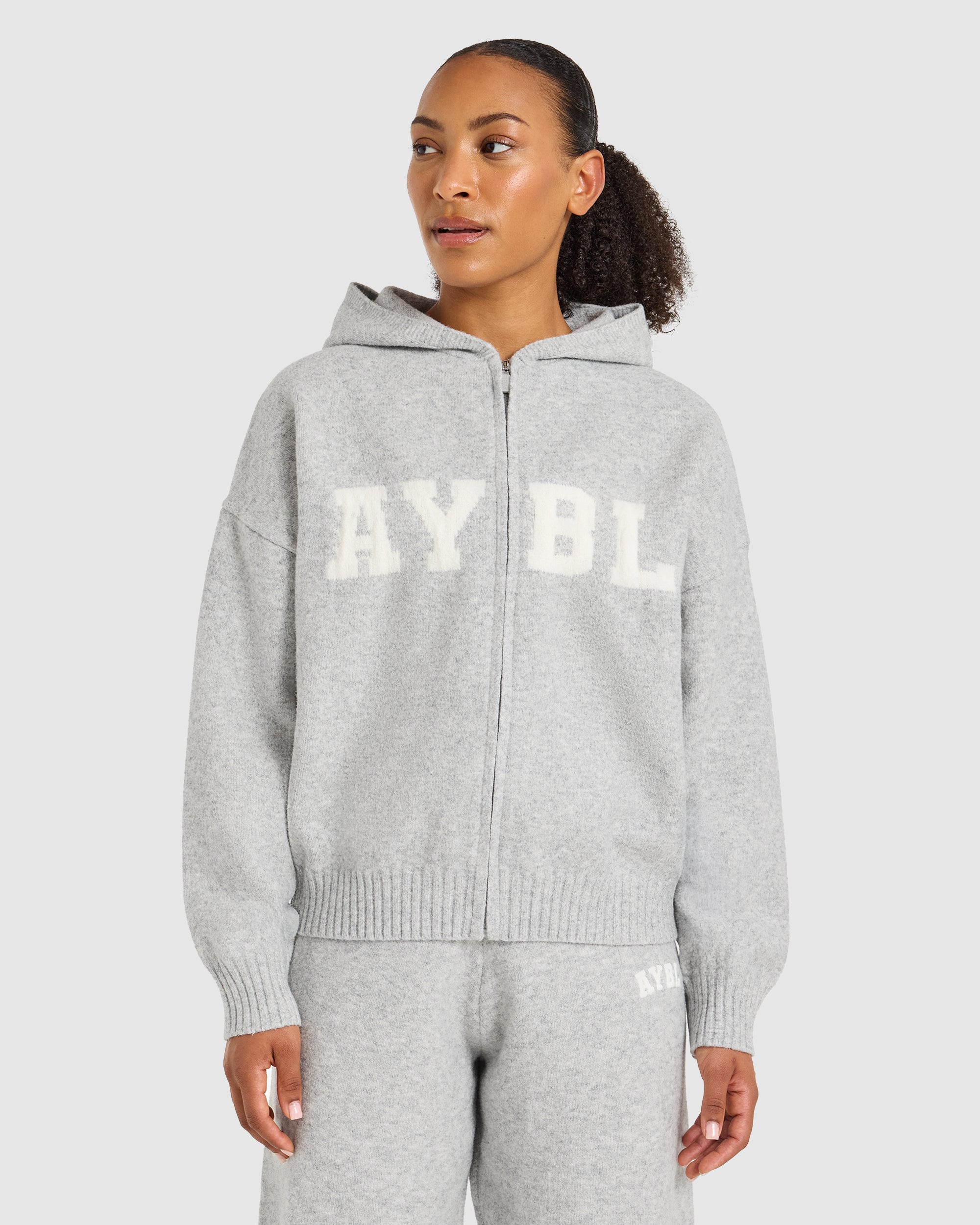 Varsity Oversized Knitted Zip Up Hoodie - Grijs Marl