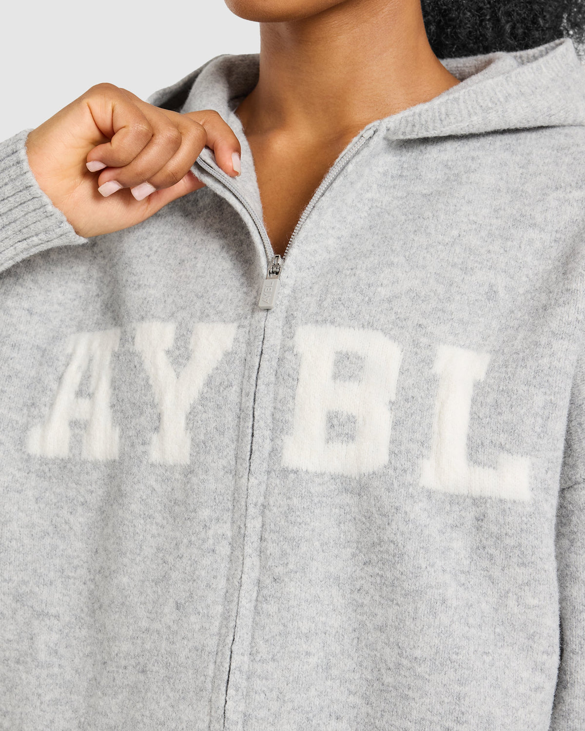 Varsity Oversized Knitted Zip Up Hoodie - Grijs Marl